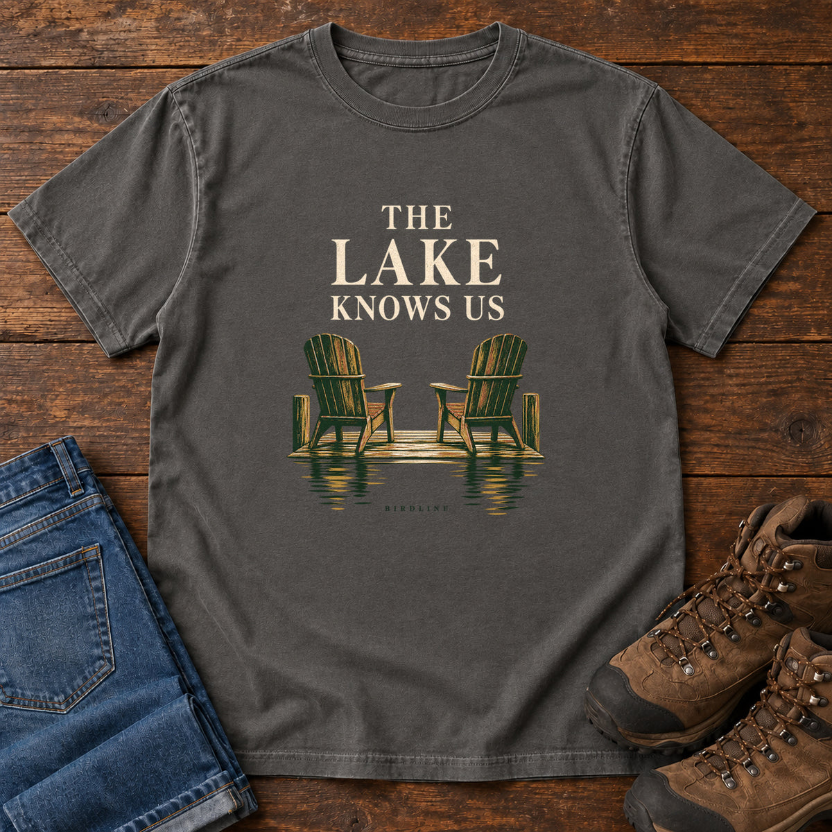 The Lake Knows Us T-Shirt in Pepper, front view