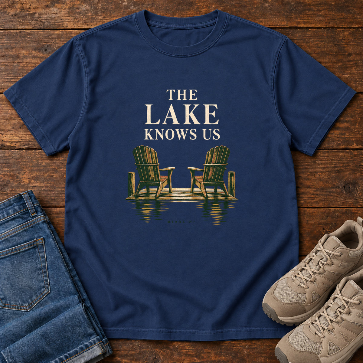 The Lake Knows Us T-Shirt in True Navy, front view