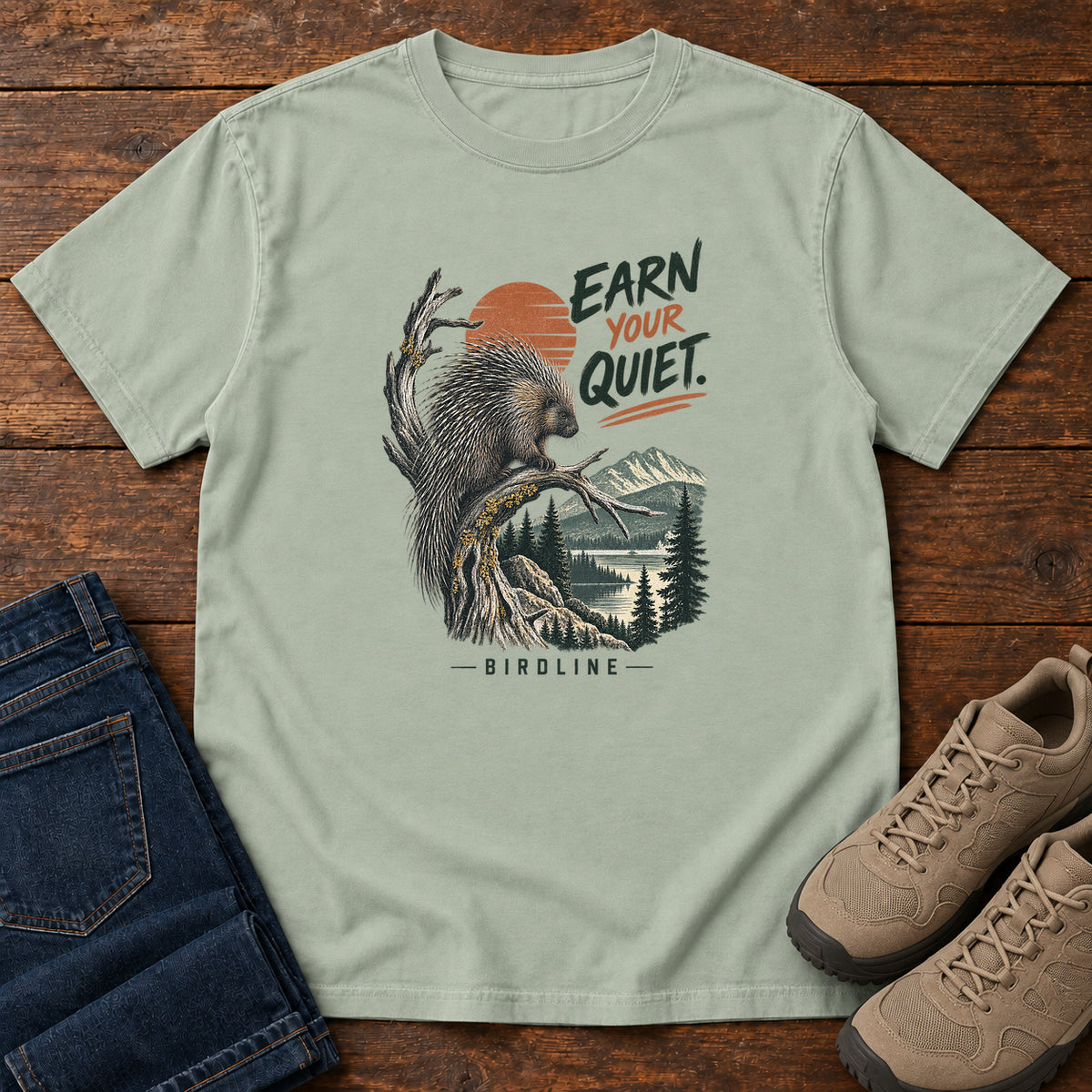 Earn Your Quiet Porcupine T-Shirt in Bay