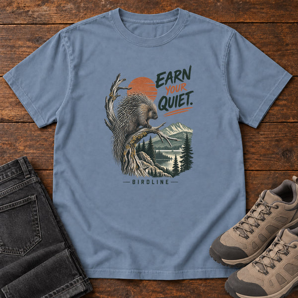 Earn Your Quiet Porcupine T-Shirt in Blue Jean, front view