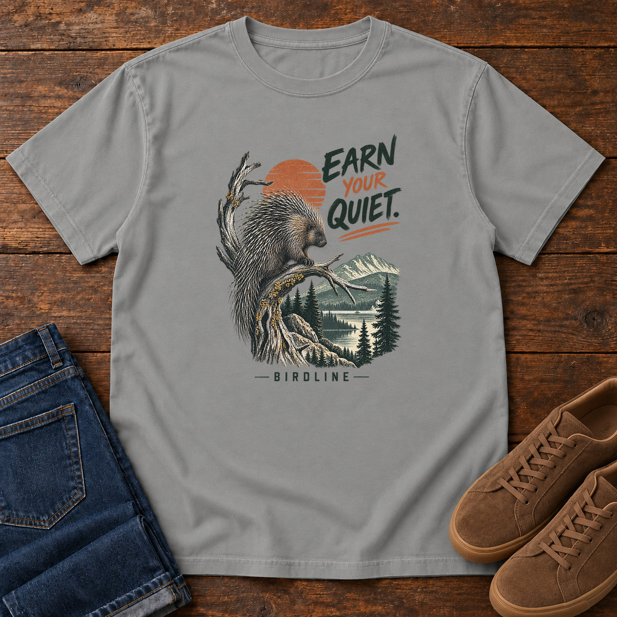 Earn Your Quiet Porcupine T-Shirt in Grey