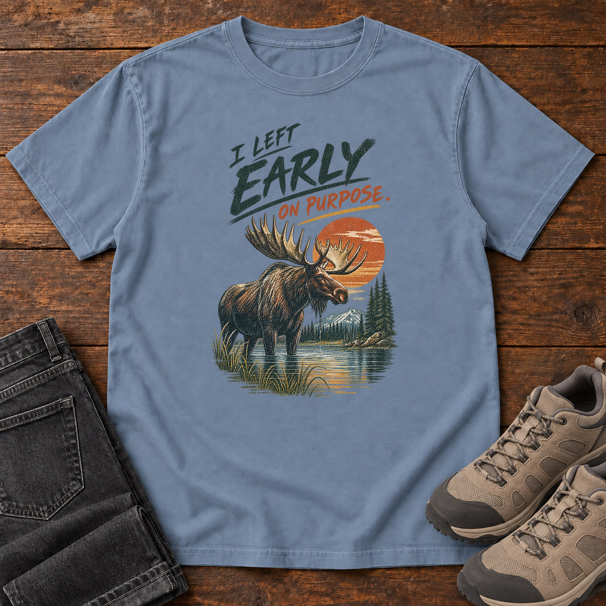 I Left Early on Purpose Moose T-Shirt in Blue Jean, left side