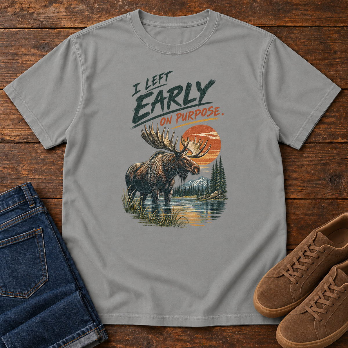 I Left Early on Purpose Moose T-Shirt in Grey, left side