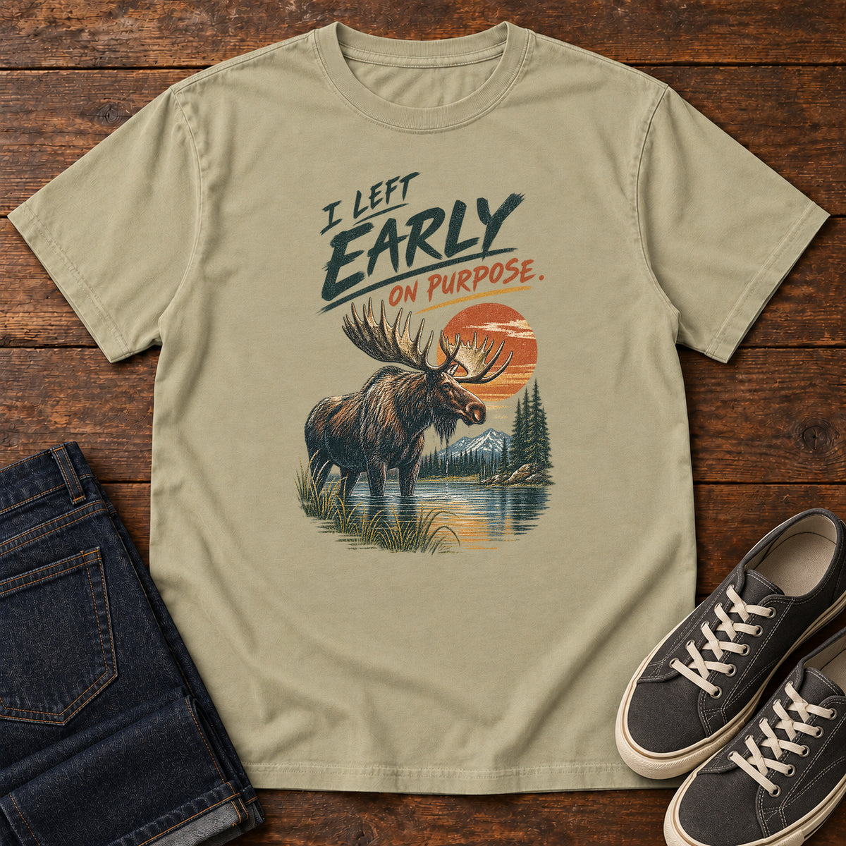 I Left Early on Purpose Moose T-Shirt in Khaki, left side