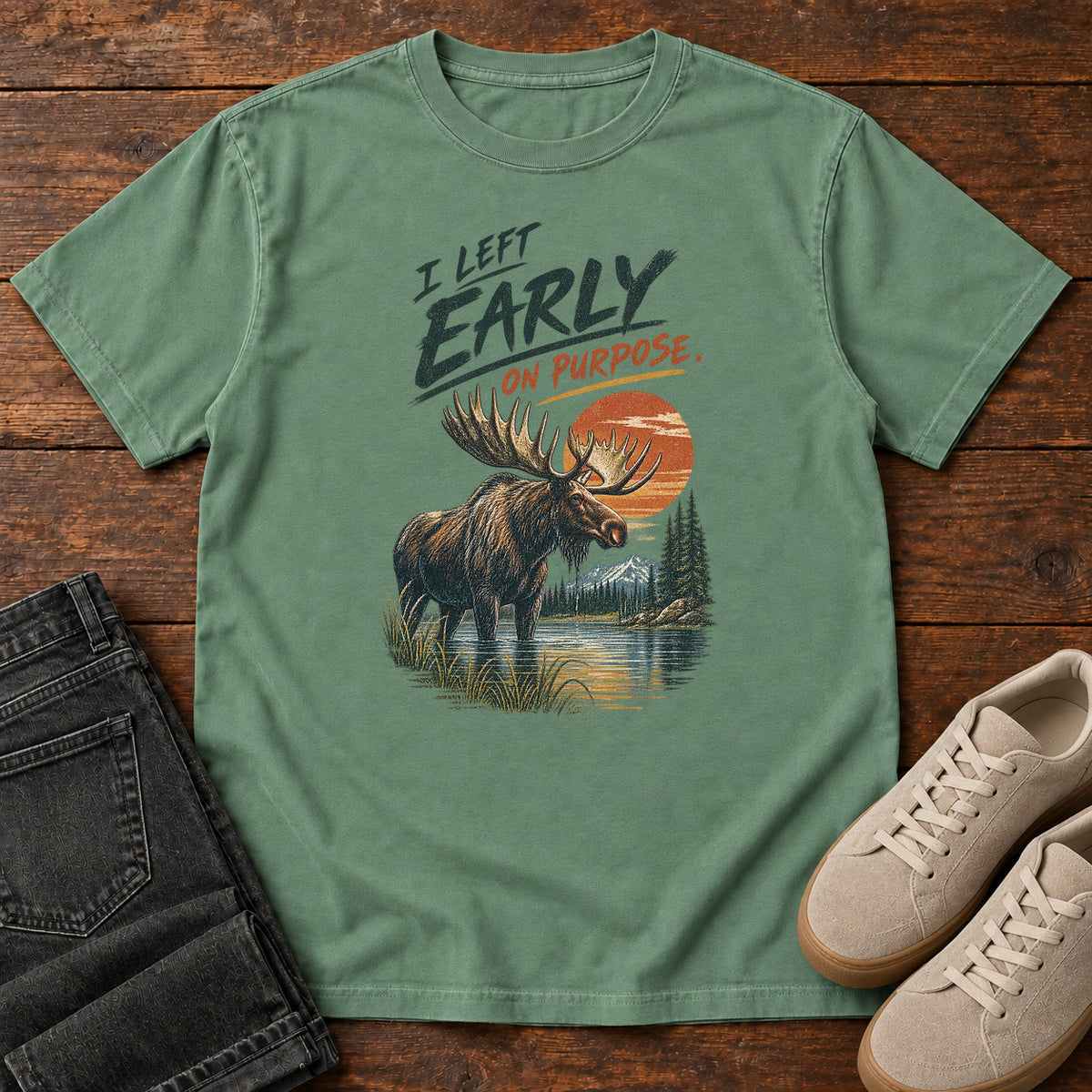 I Left Early on Purpose Moose T-Shirt in Light Green, left side