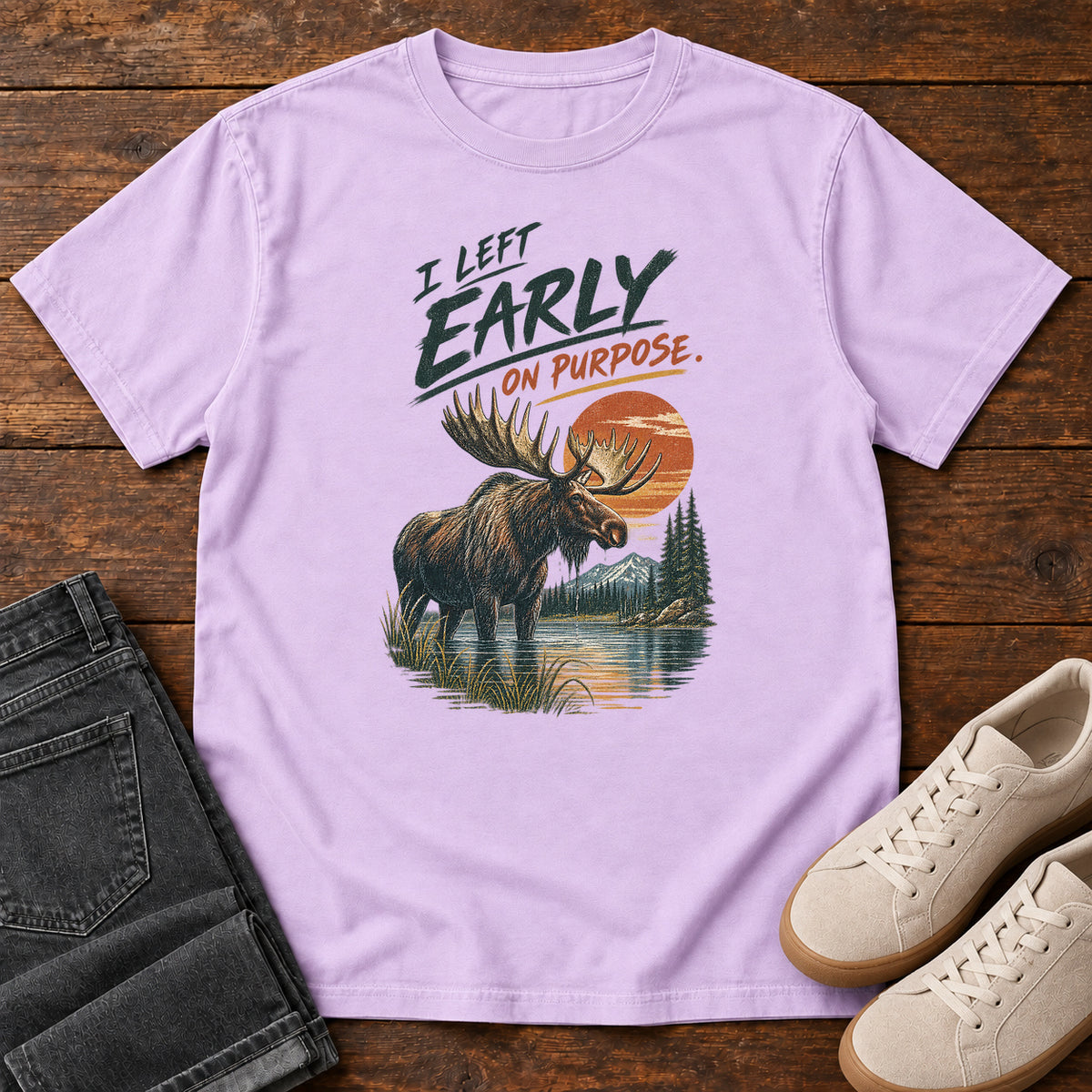 I Left Early on Purpose Moose T-Shirt in Orchid, left side