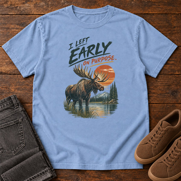 I Left Early on Purpose Moose T-Shirt in Washed Denim, front view