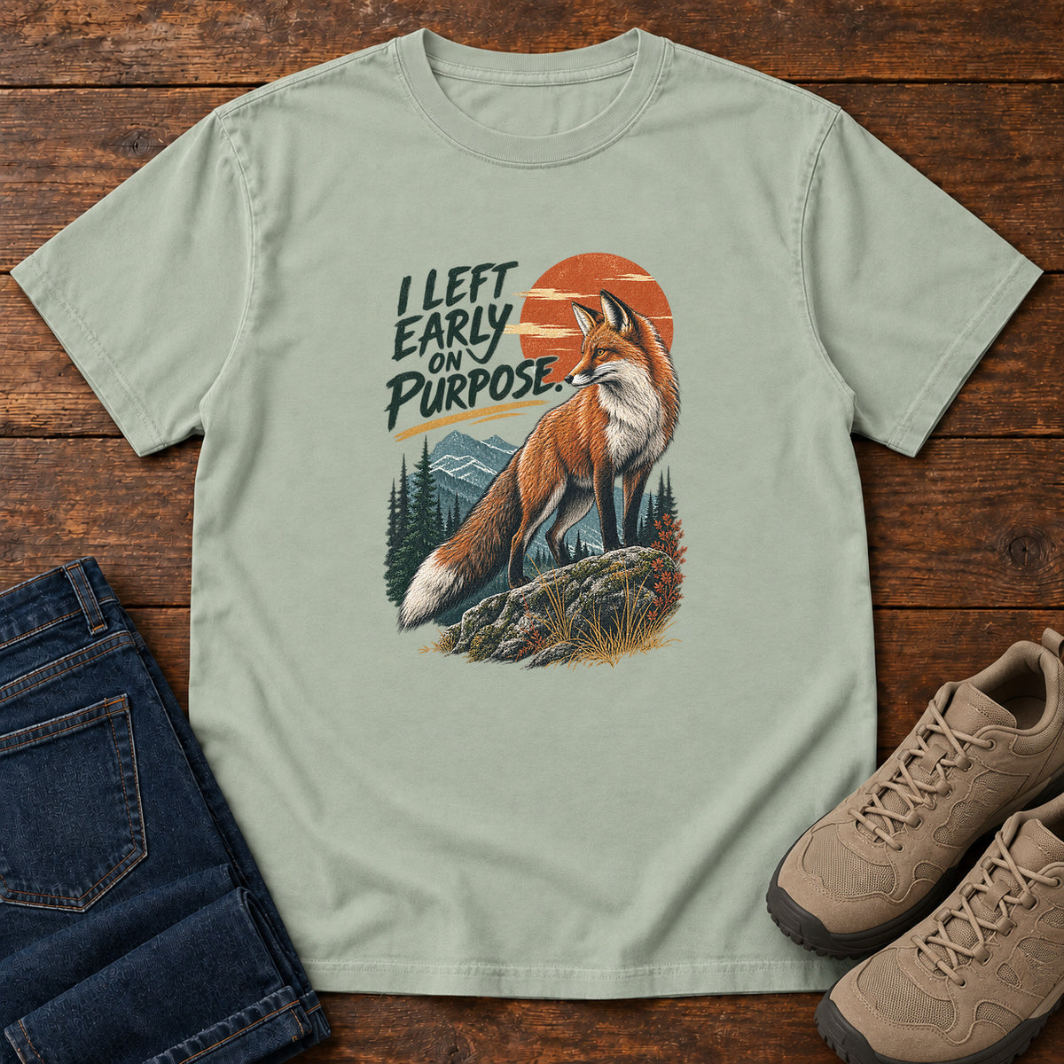 I Left Early on Purpose Fox T-Shirt – Sunset in Bay, left side