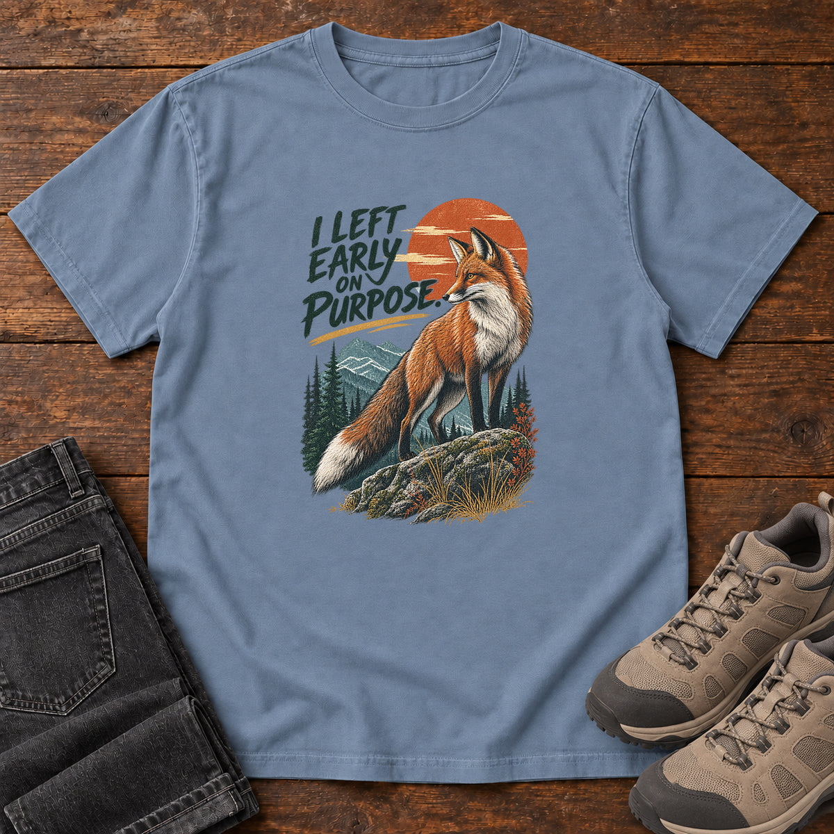 I Left Early on Purpose Fox T-Shirt – Sunset in Blue Jean, left side