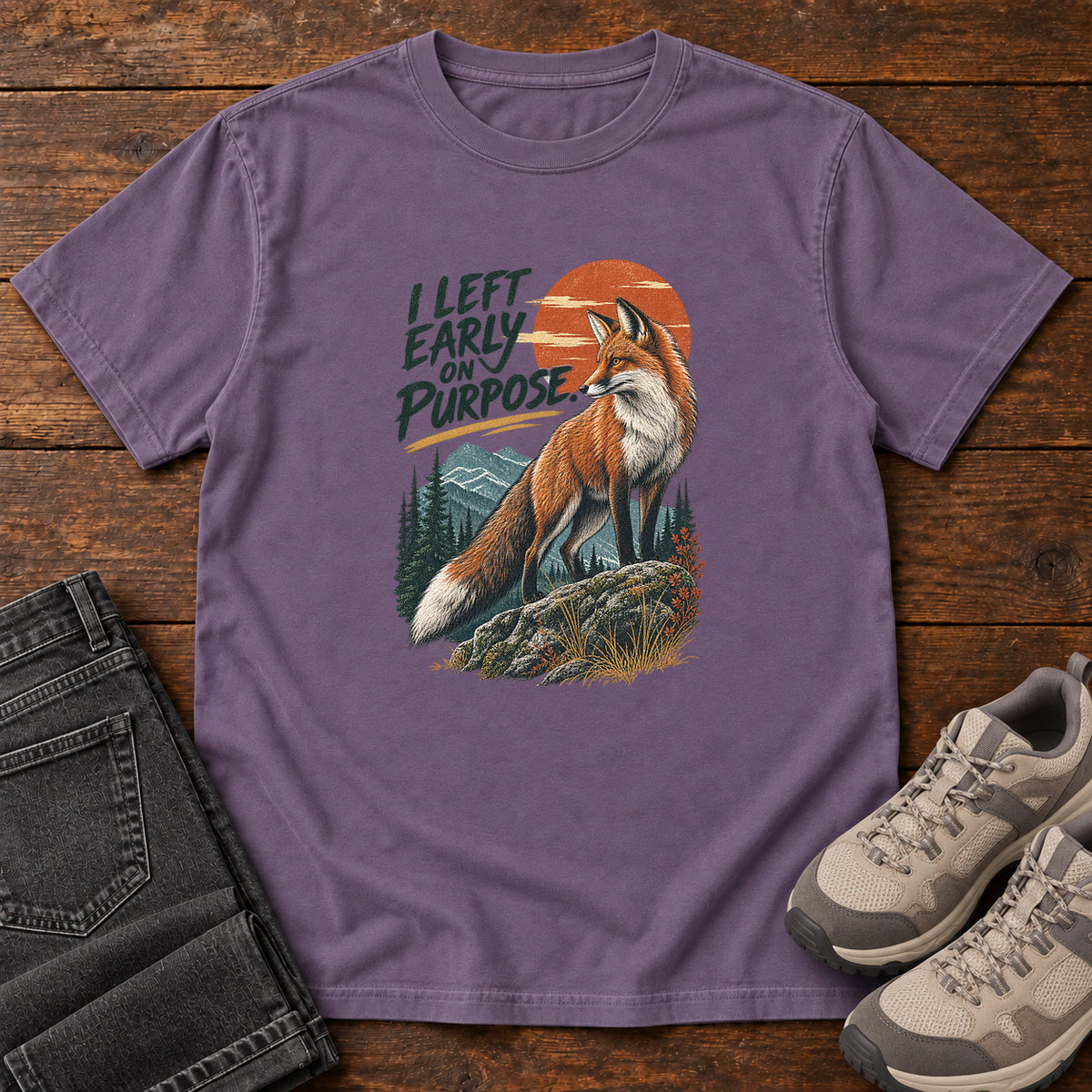 I Left Early on Purpose Fox T-Shirt – Sunset in Grape, left side