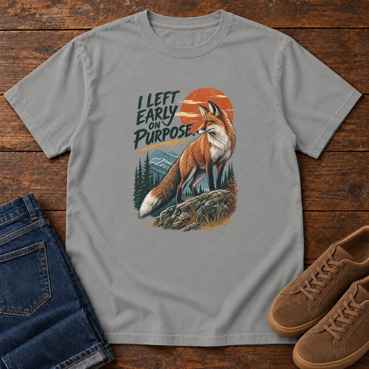I Left Early on Purpose Fox T-Shirt – Sunset in Grey, left side