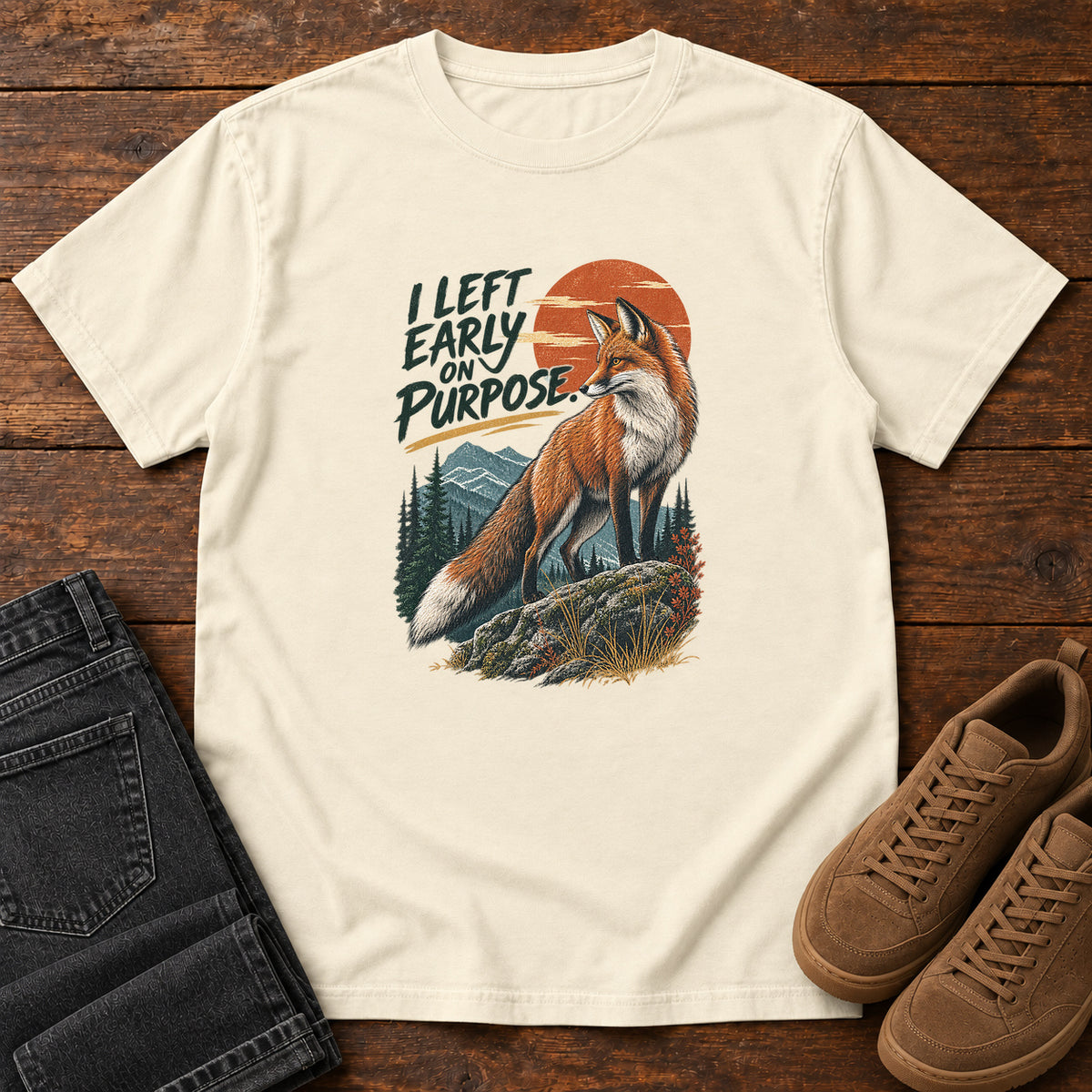 I Left Early on Purpose Fox T-Shirt – Sunset in Ivory, left side