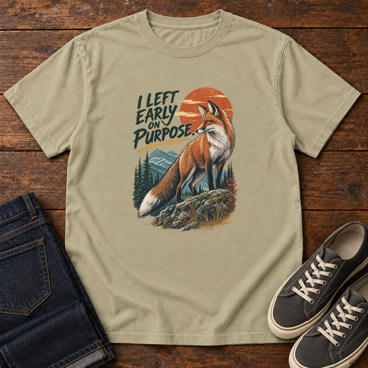 I Left Early on Purpose Fox T-Shirt – Sunset in Khaki, left side