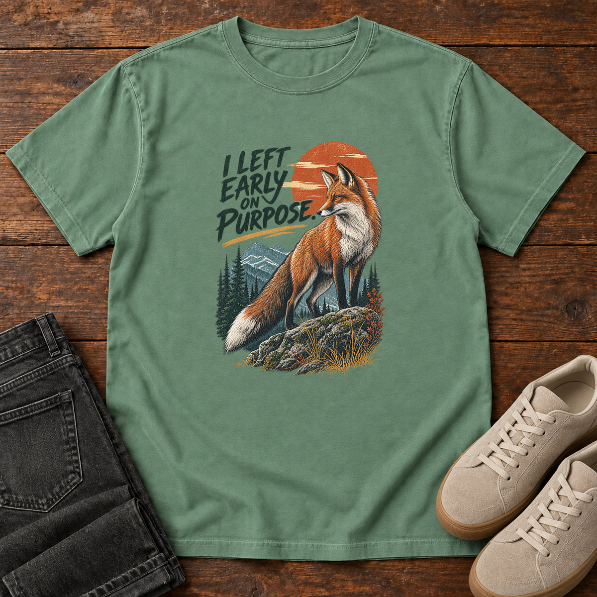 I Left Early on Purpose Fox T-Shirt – Sunset in Light Green, left side