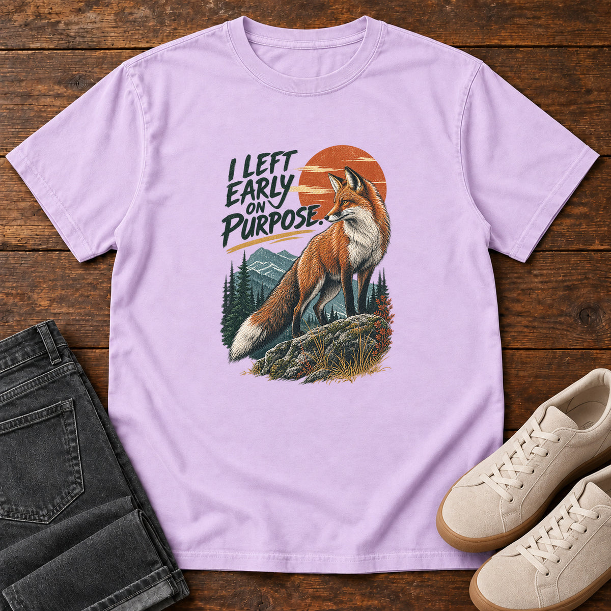 I Left Early on Purpose Fox T-Shirt – Sunset in Orchid, left side