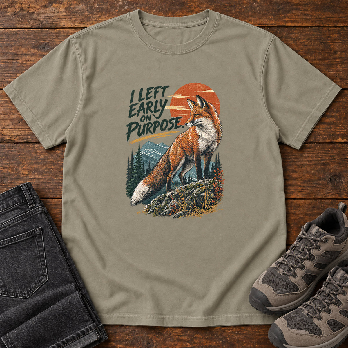 I Left Early on Purpose Fox T-Shirt – Sunset in Sandstone, left side
