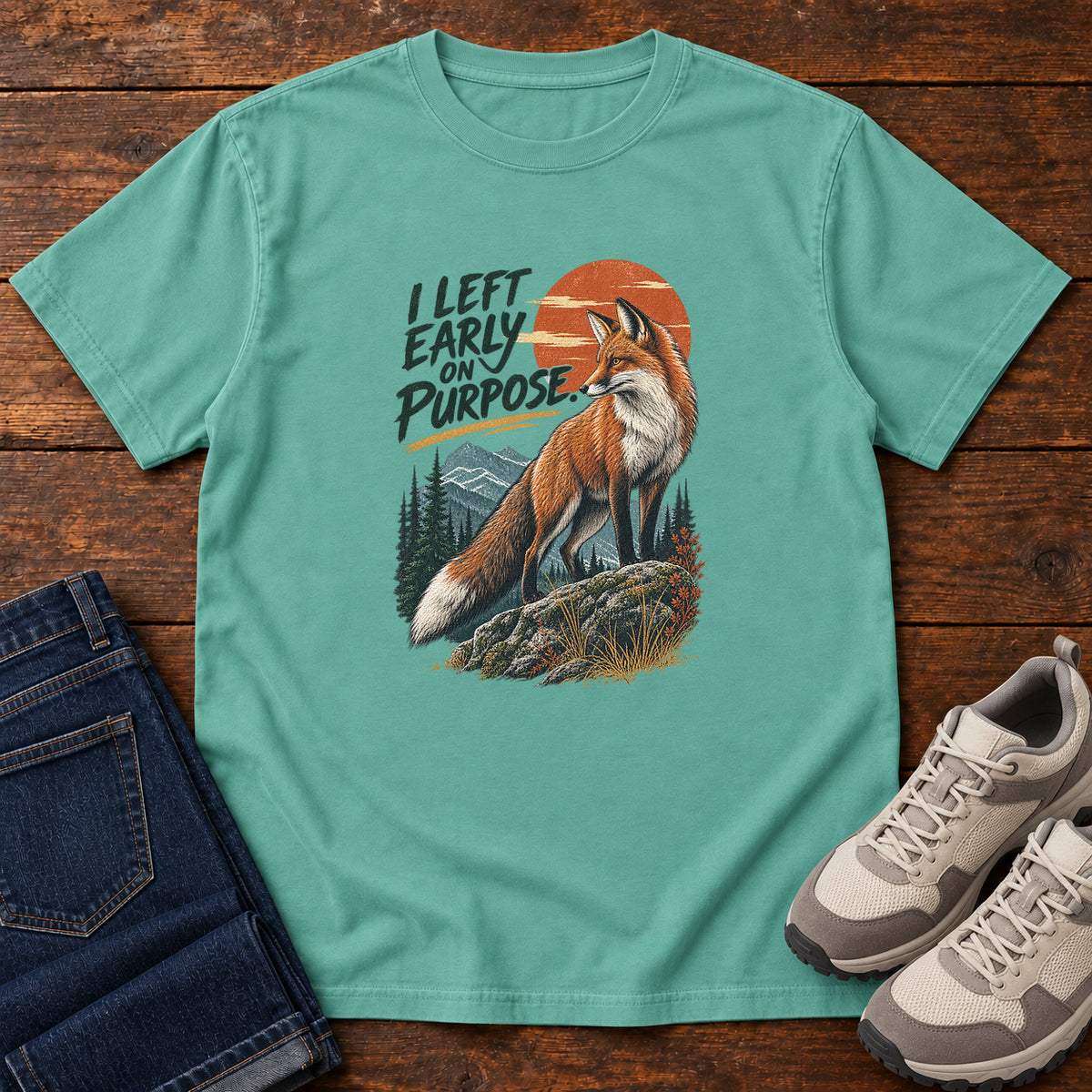 I Left Early on Purpose Fox T-Shirt – Sunset in Seafoam, left side