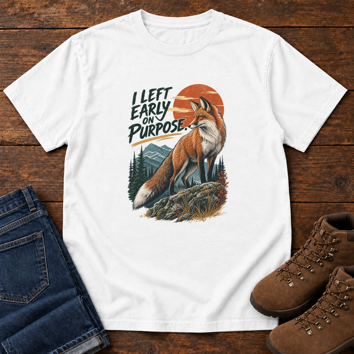 I Left Early on Purpose Fox T-Shirt – Sunset in White, left side