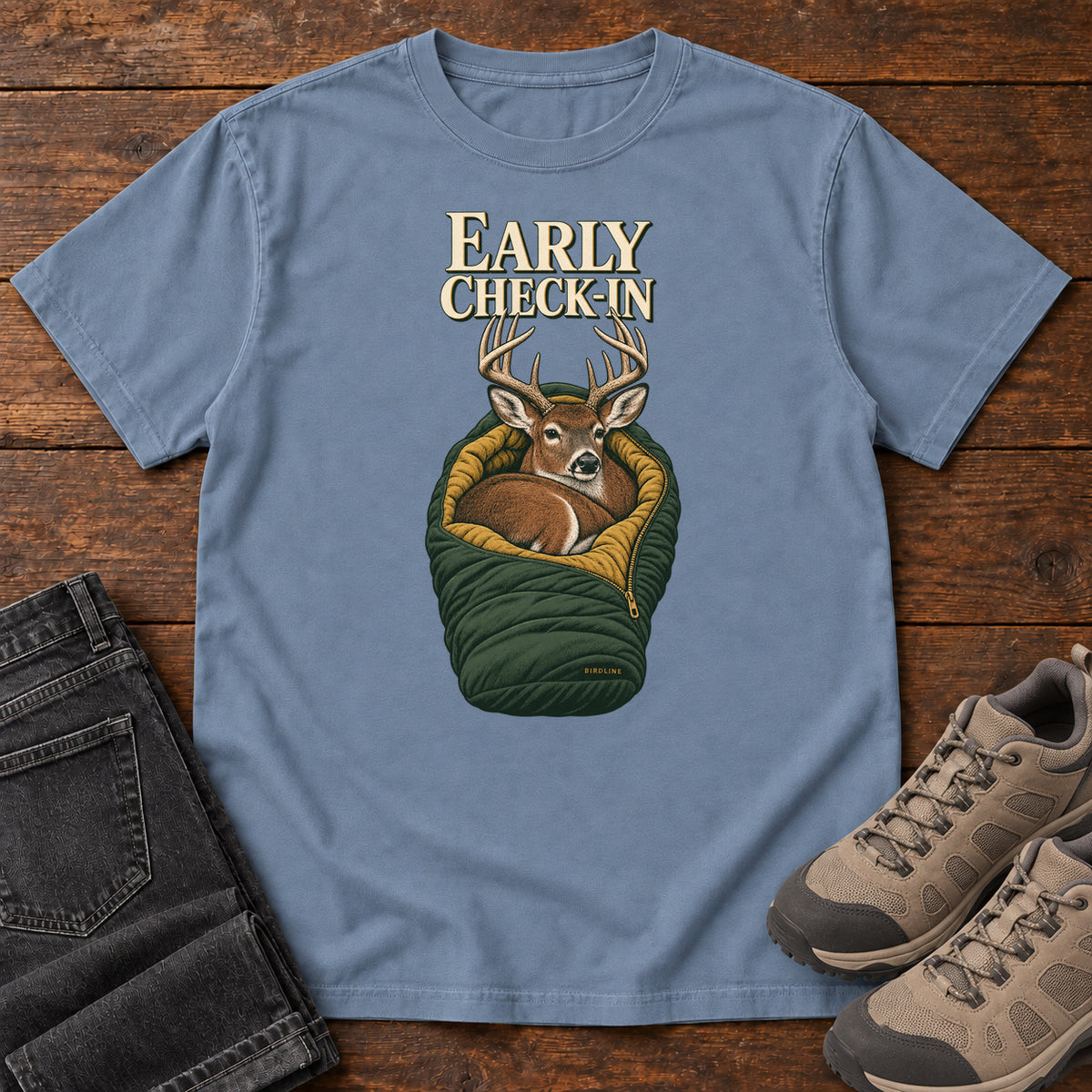 Early Check-In T-Shirt in Blue Jean, front view