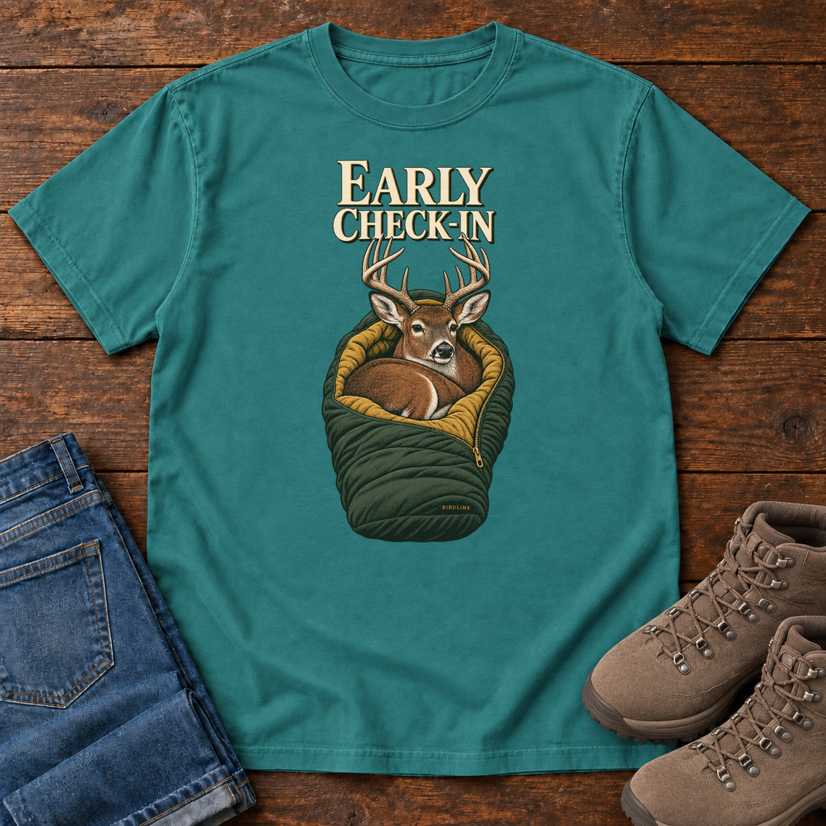 Early Check-In T-Shirt in Emerald, front view
