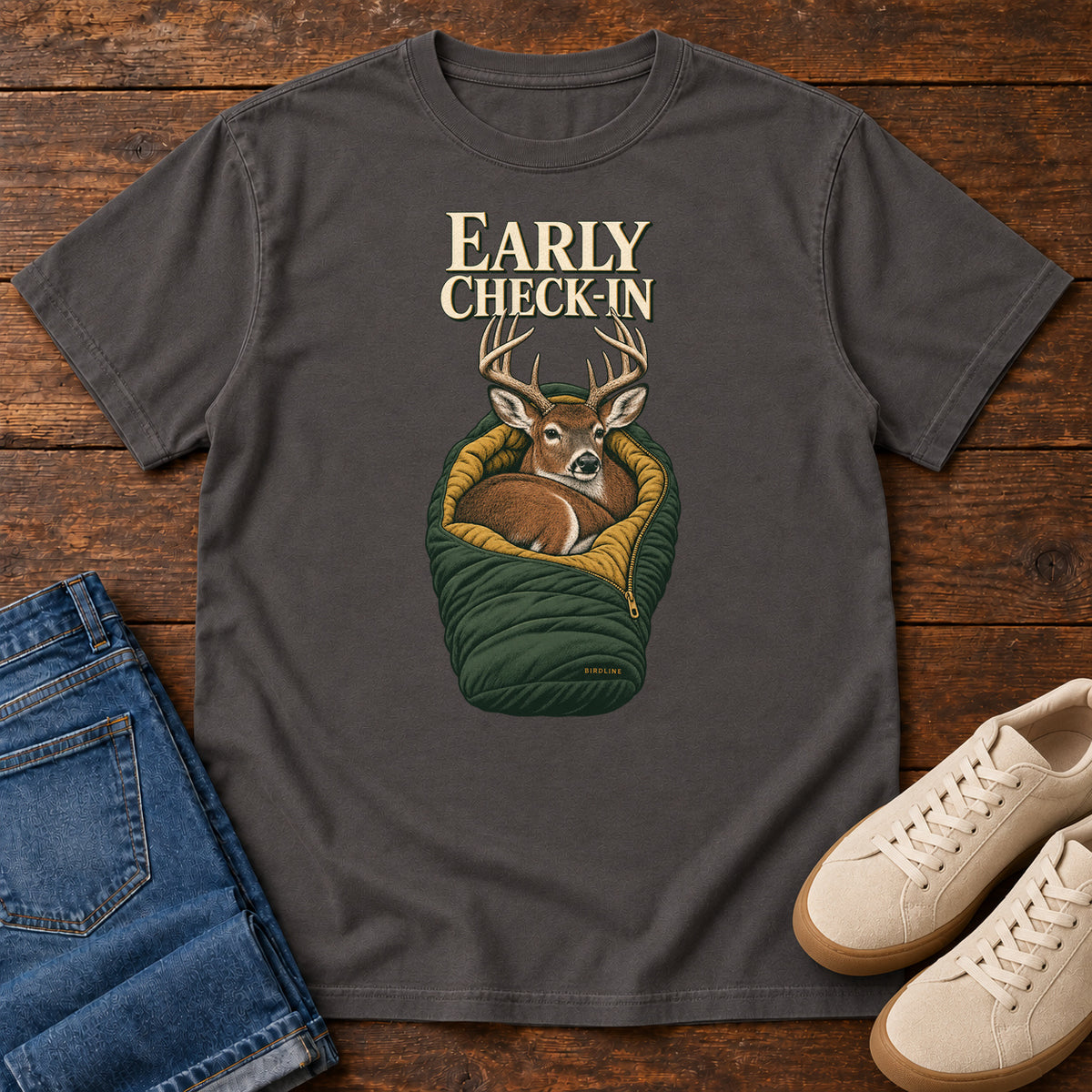 Early Check-In T-Shirt in Graphite, front view