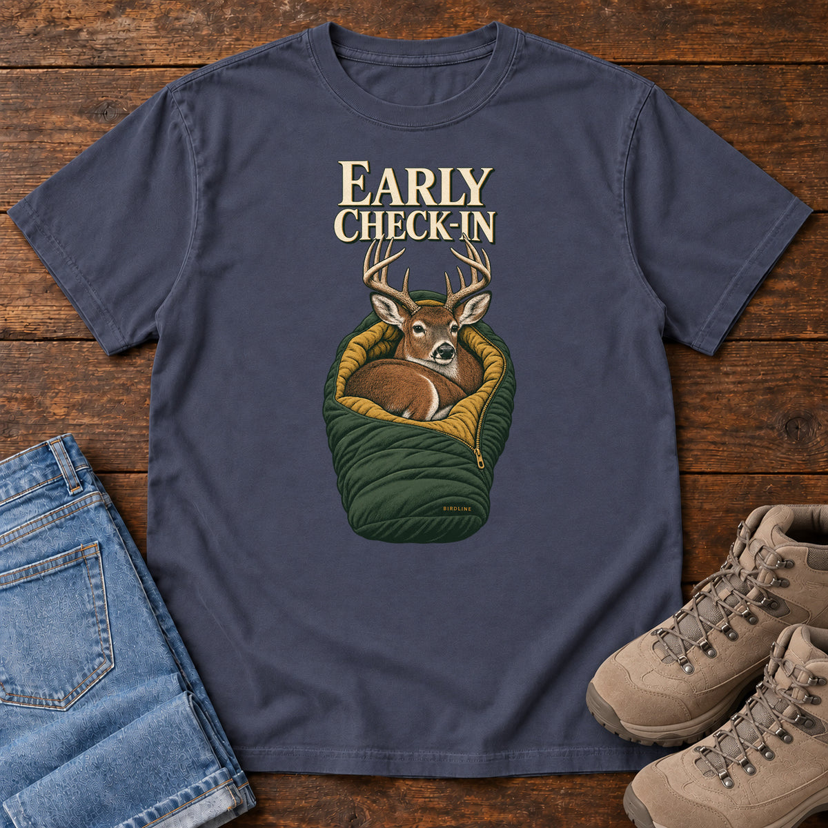 Early Check-In T-Shirt in Navy, front view