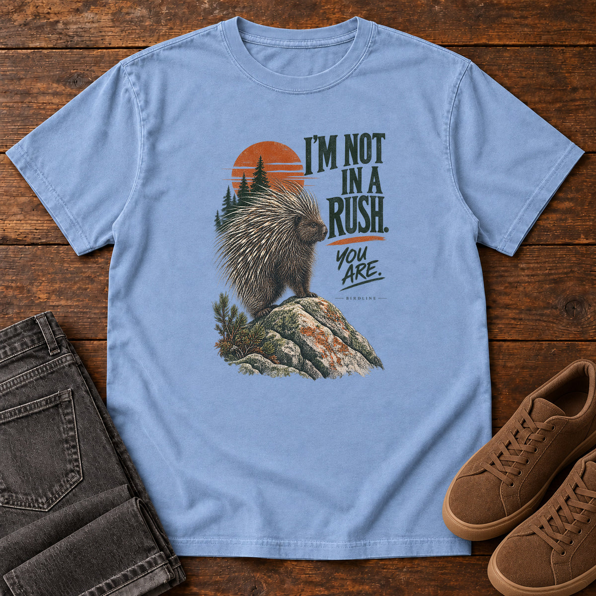 I'm Not in a Rush You Are Porcupine T-Shirt in Washed Denim