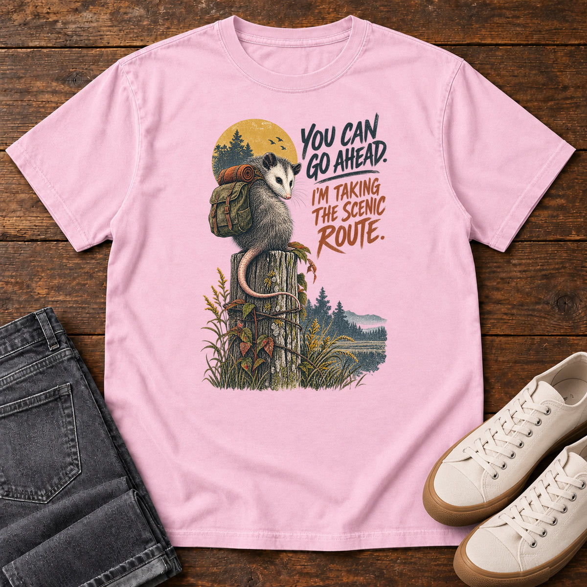 You Can Go Ahead I'm Taking the Scenic Route Opossum T-Shirt in Blossom