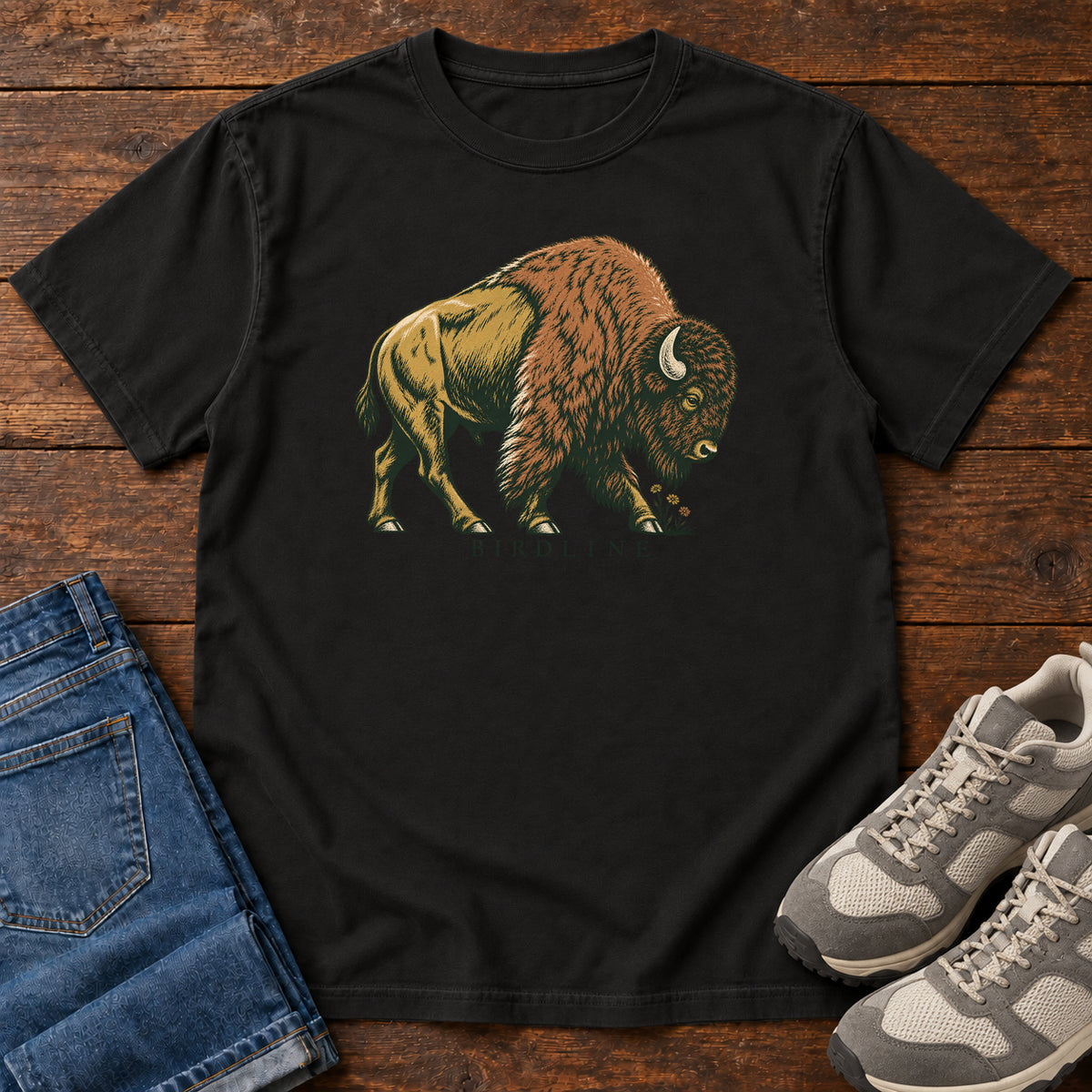 Bison Birdline T-Shirt in Black, front view