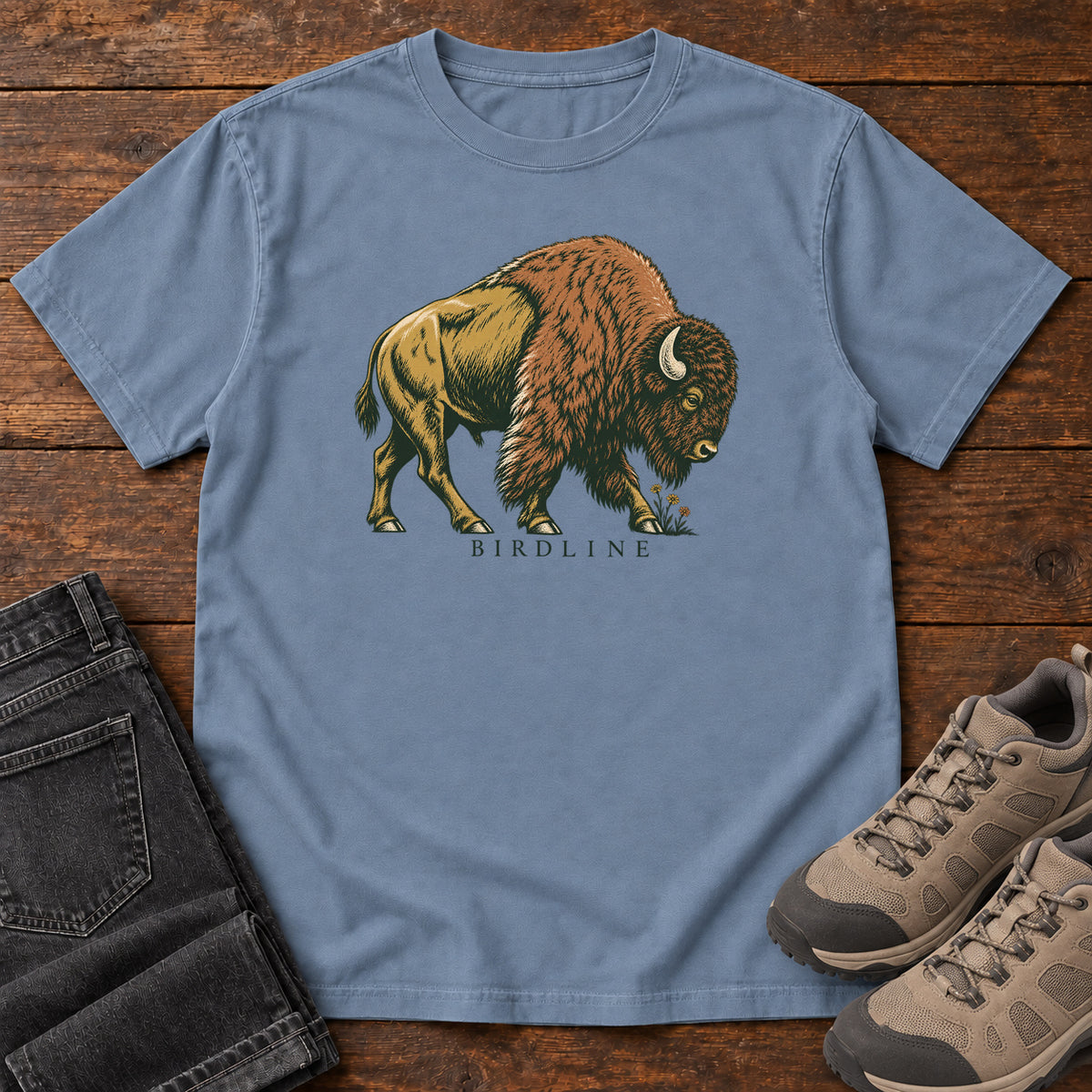 Bison Birdline T-Shirt in Blue Jean, front view