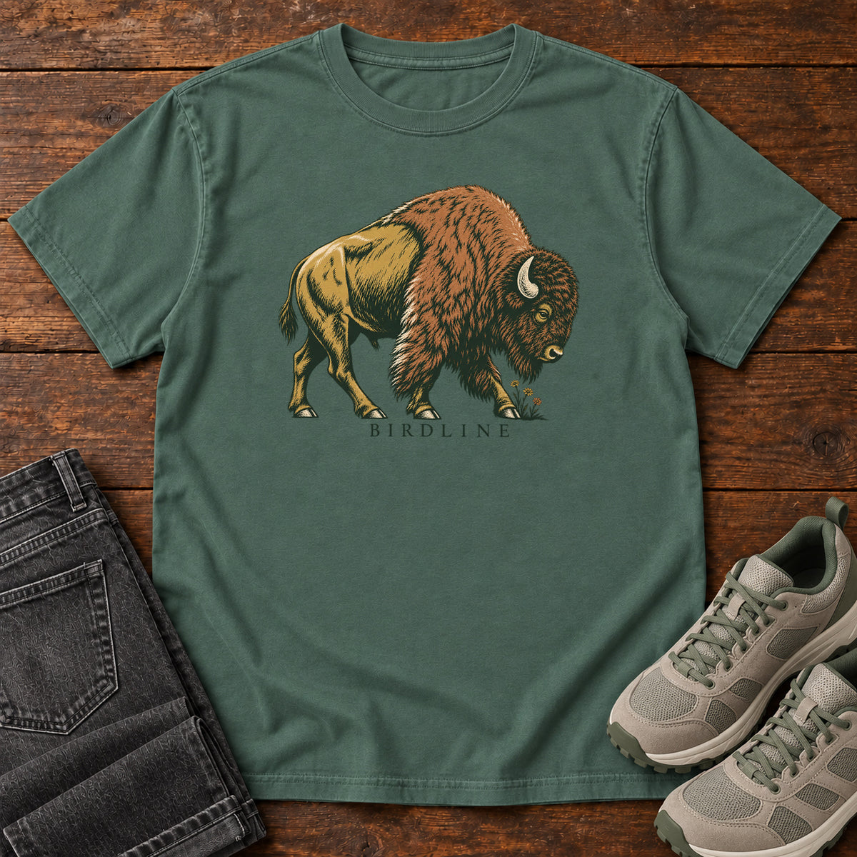 Bison Birdline T-Shirt in Blue Spruce, front view