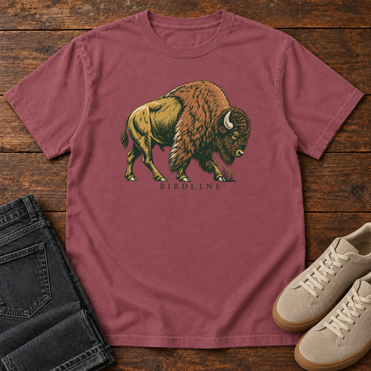 Bison Birdline T-Shirt in Brick, front view