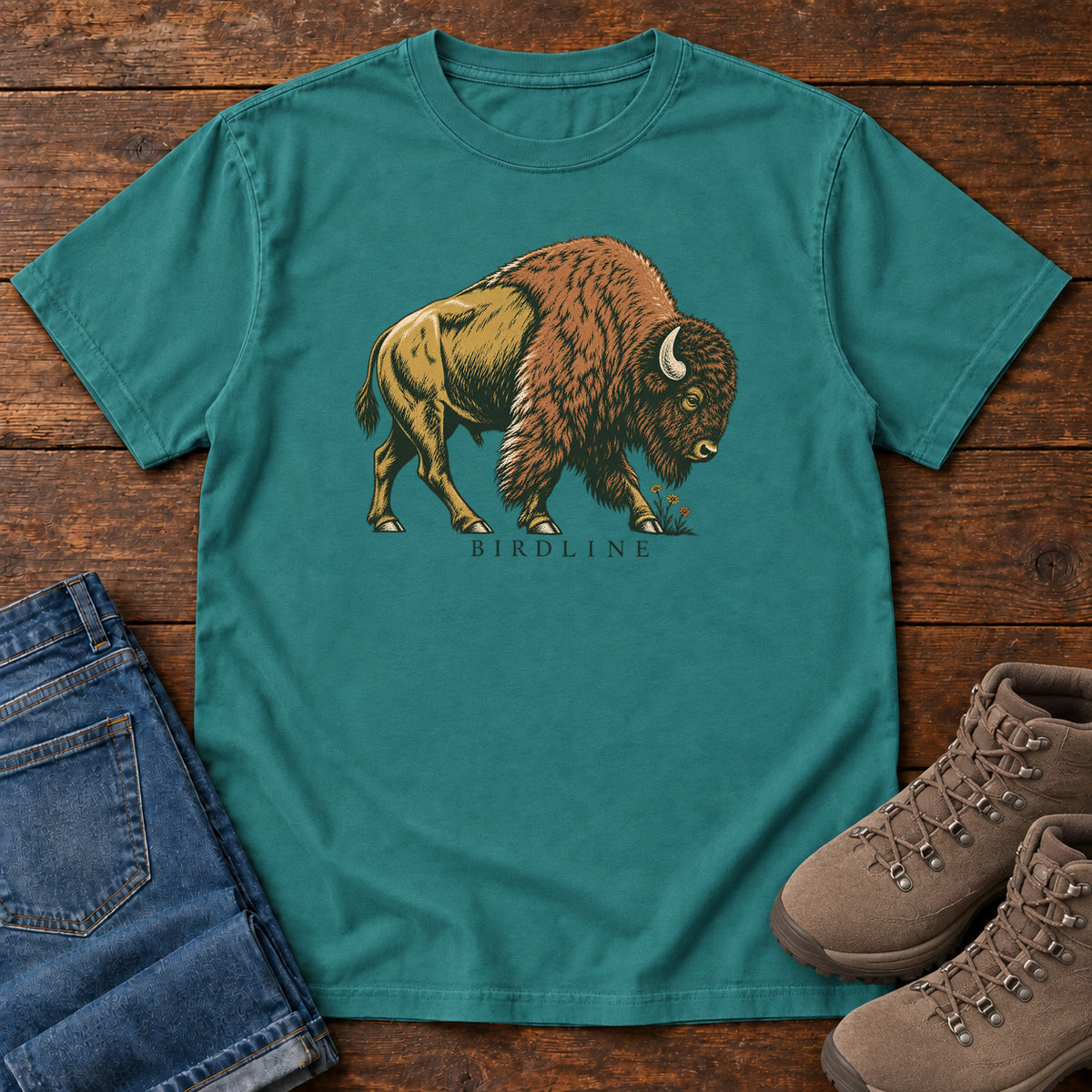 Bison Birdline T-Shirt in Emerald, front view