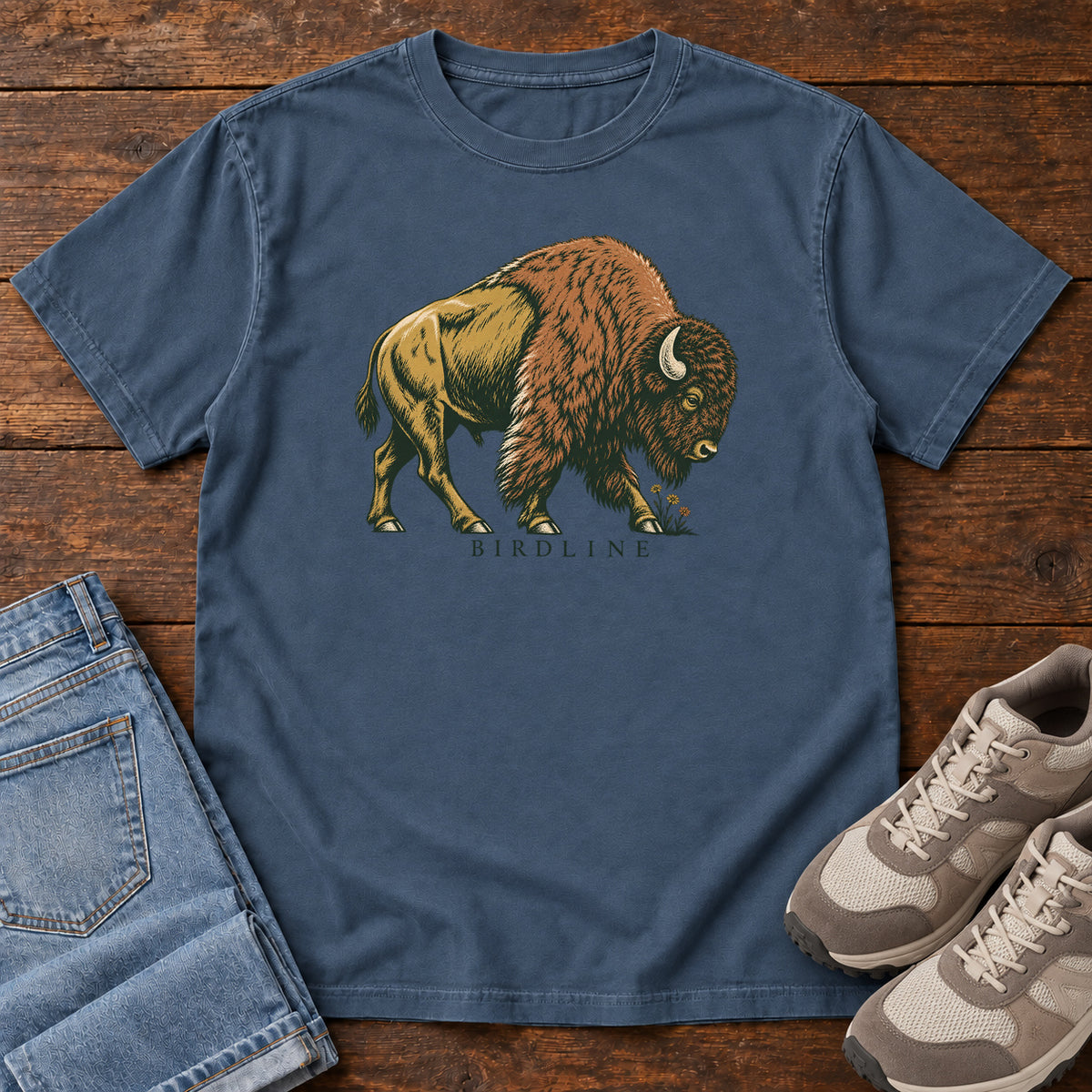 Bison Birdline T-Shirt in Midnight, front view