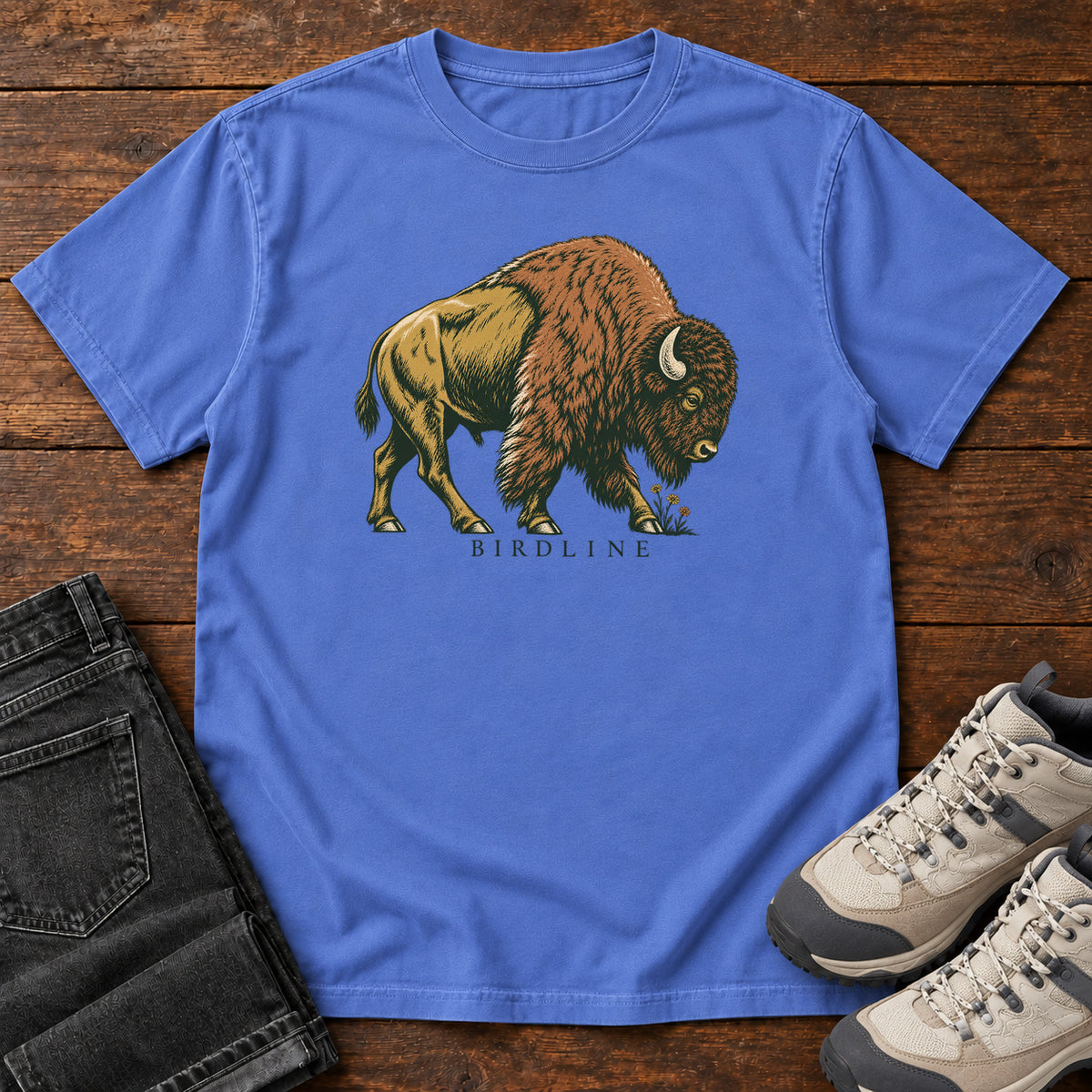 Bison Birdline T-Shirt in Mystic Blue, front view