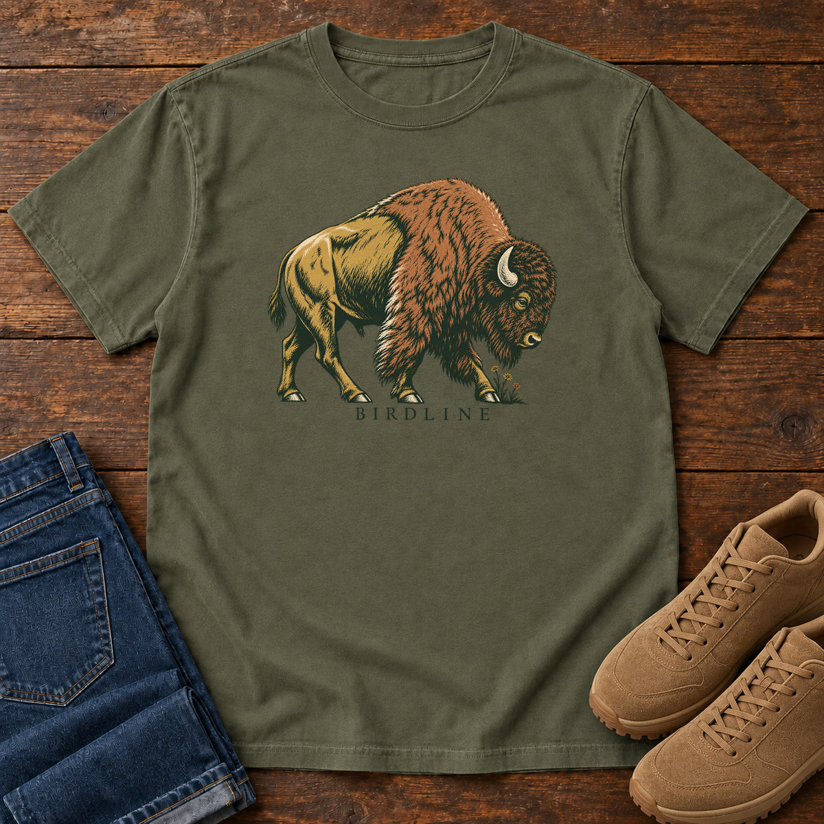 Bison Birdline T-Shirt in Sage, front view
