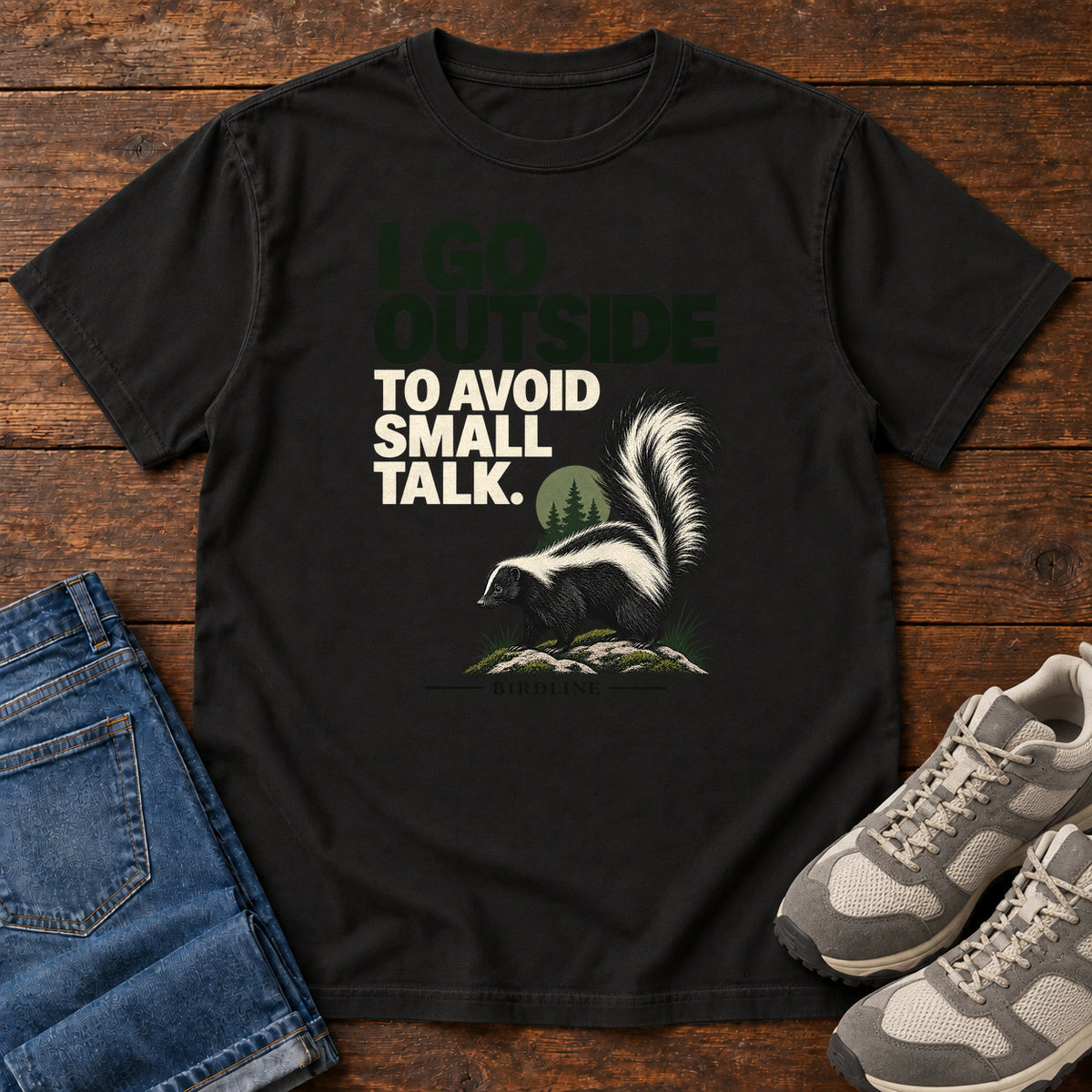 I Go Outside to Avoid Small Talk Skunk T-Shirt in Black