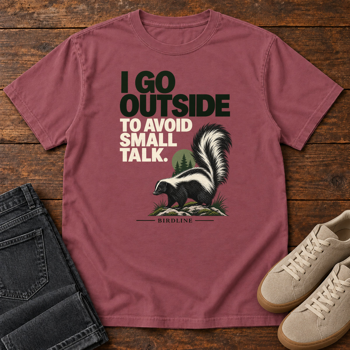 I Go Outside to Avoid Small Talk Skunk T-Shirt in Brick