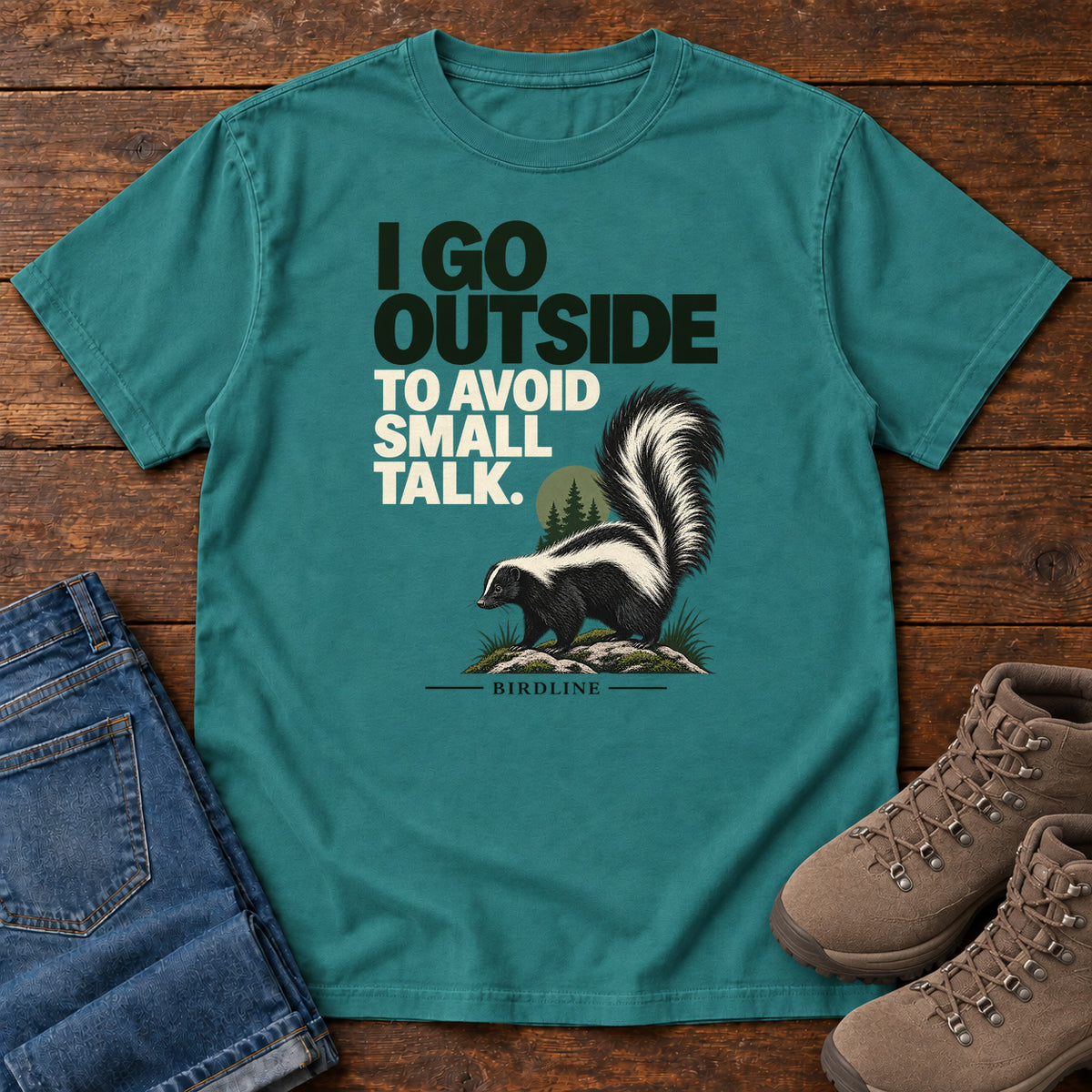 I Go Outside to Avoid Small Talk Skunk T-Shirt in Emerald