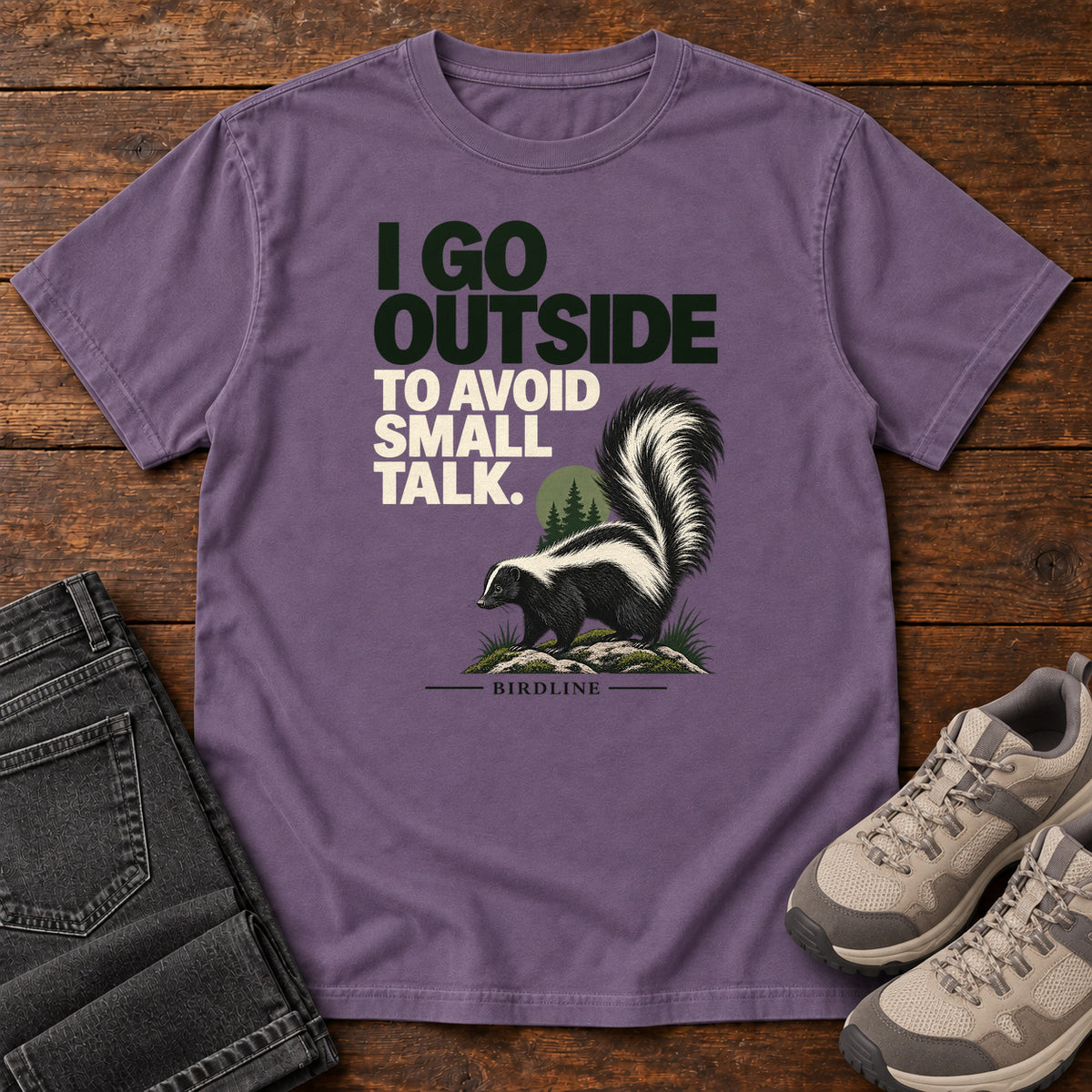 I Go Outside to Avoid Small Talk Skunk T-Shirt in Grape
