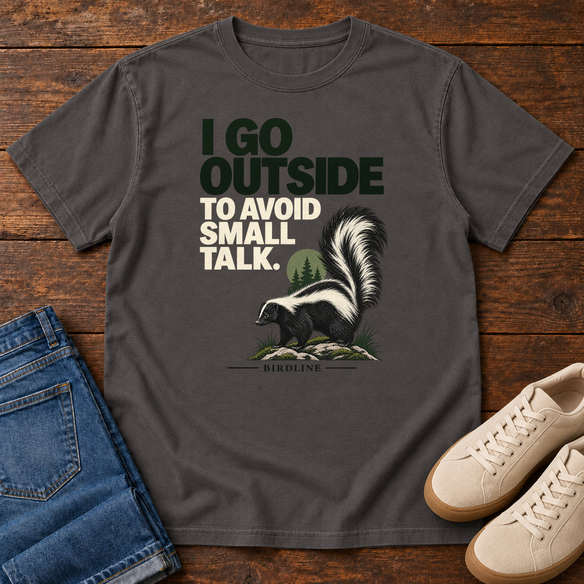 I Go Outside to Avoid Small Talk Skunk T-Shirt in Graphite
