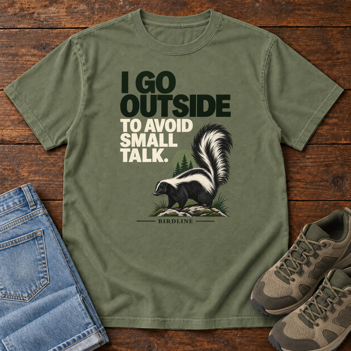 I Go Outside to Avoid Small Talk Skunk T-Shirt in Moss