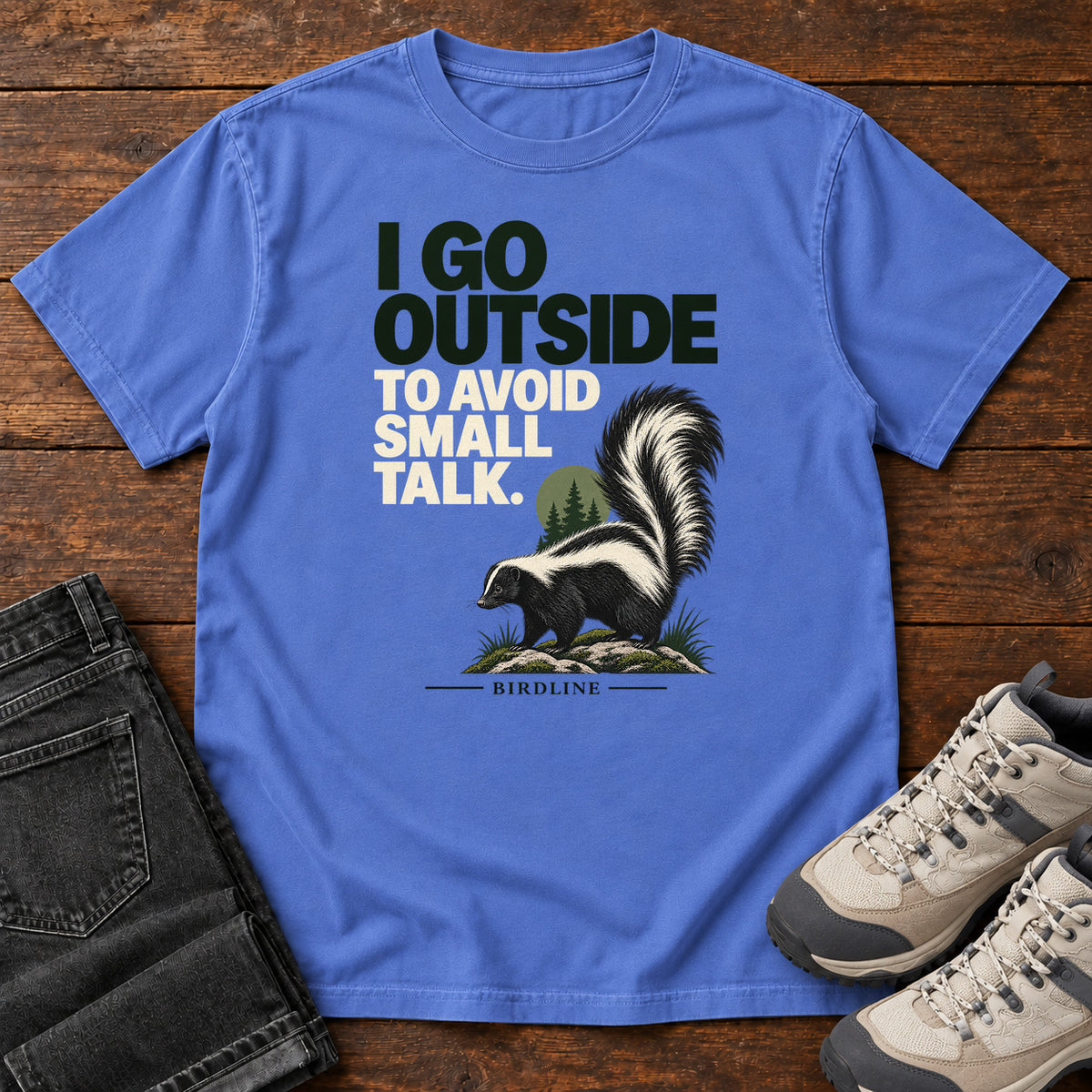 I Go Outside to Avoid Small Talk Skunk T-Shirt in Mystic Blue