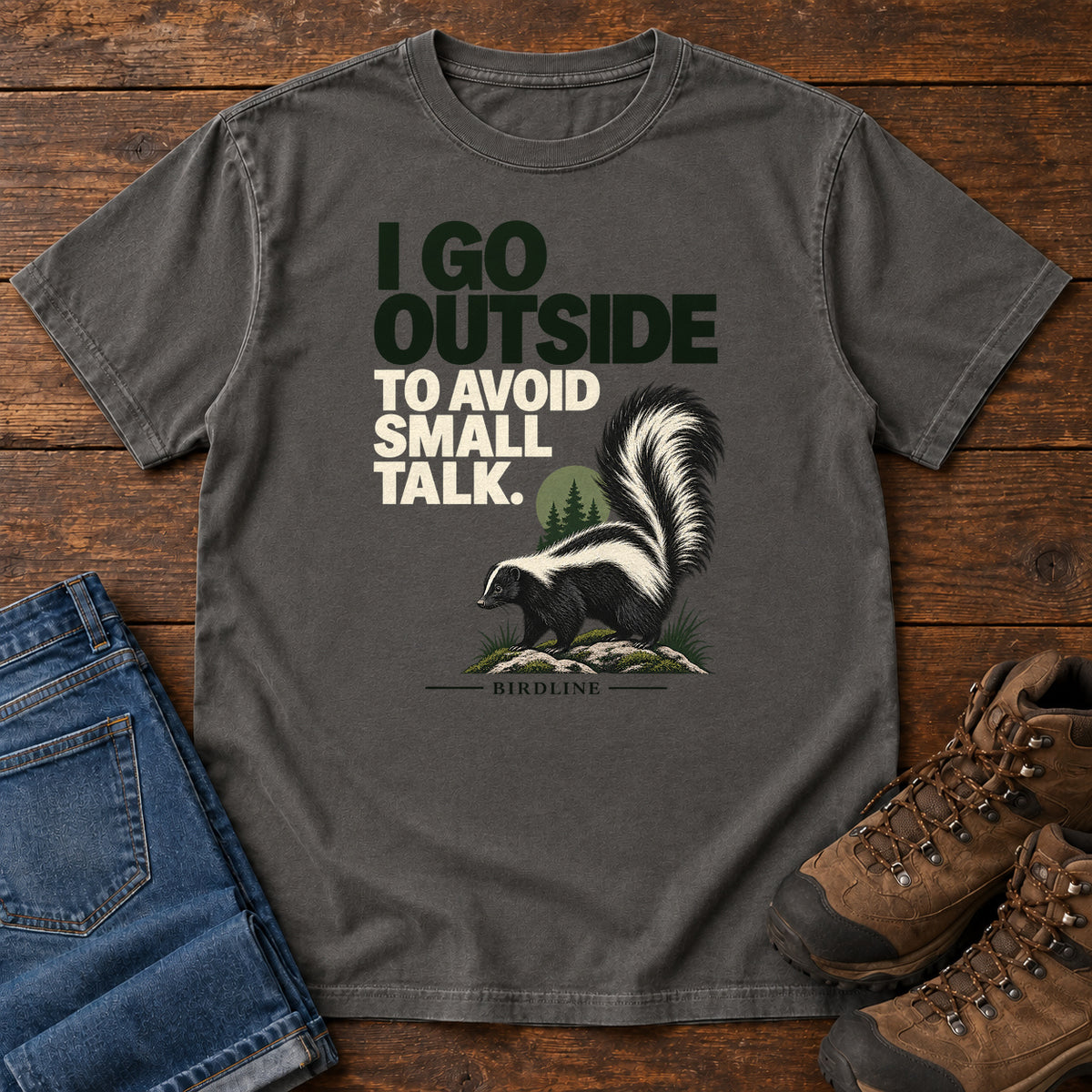 I Go Outside to Avoid Small Talk Skunk T-Shirt in Pepper