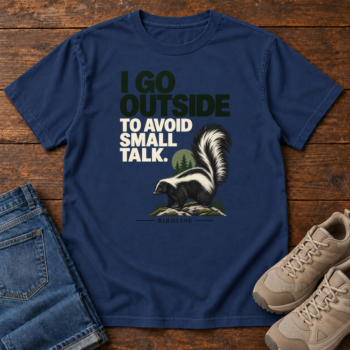I Go Outside to Avoid Small Talk Skunk T-Shirt in True Navy
