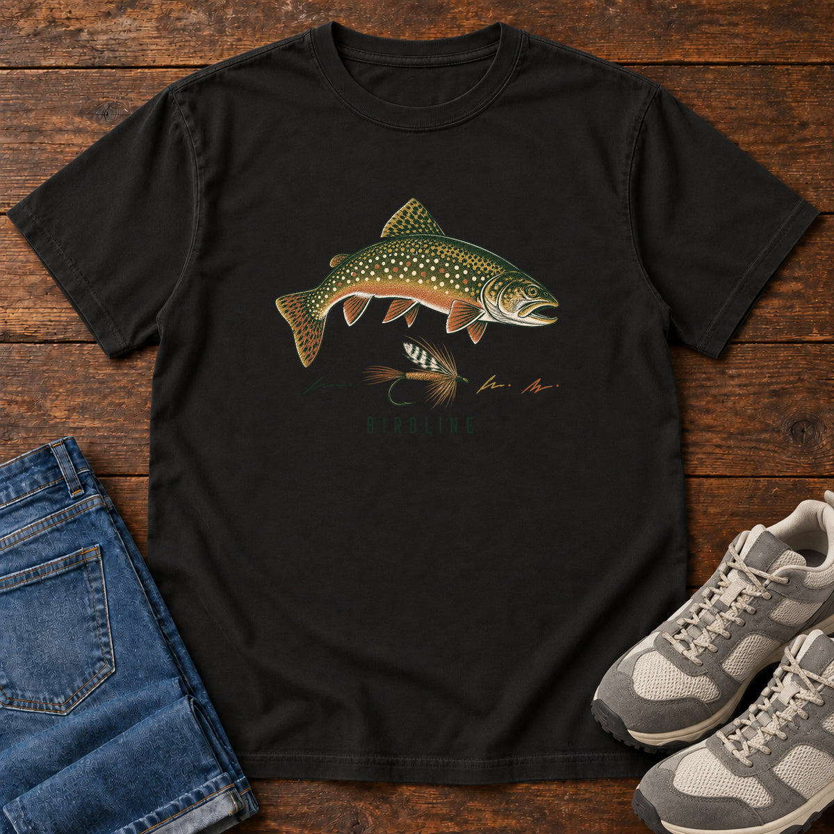 Trout and Fly T-Shirt in Black, front view