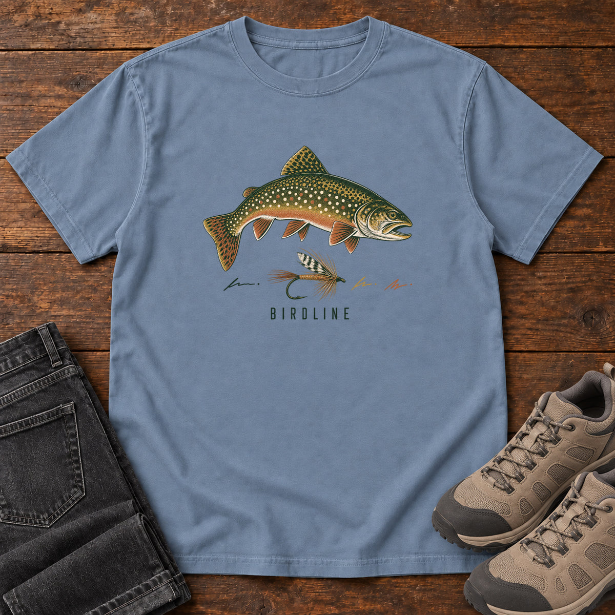 Trout and Fly T-Shirt in Blue Jean, front view