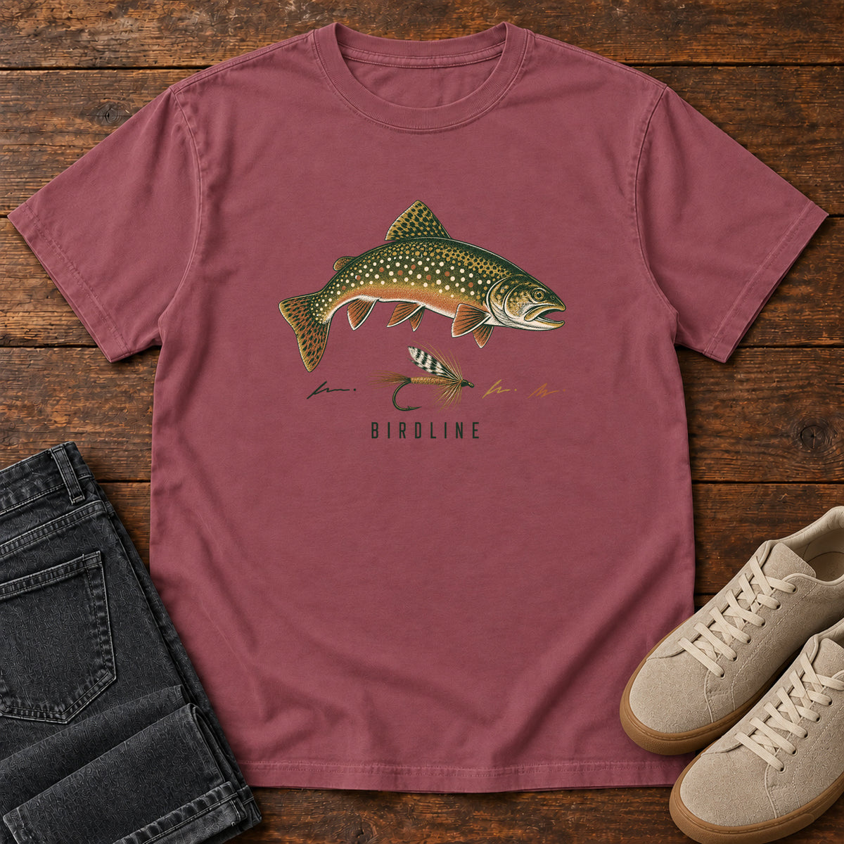 Trout and Fly T-Shirt in Brick, front view