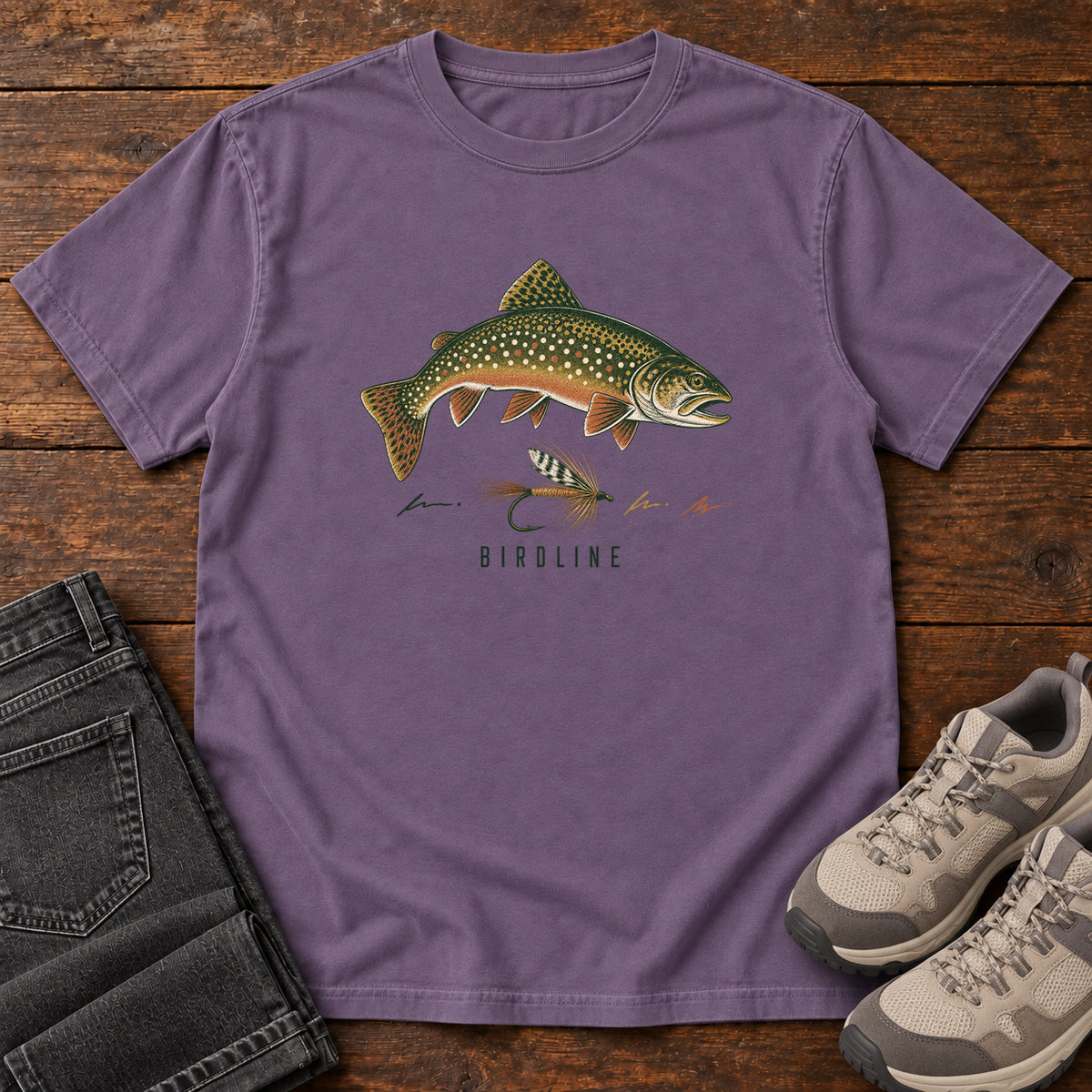 Trout and Fly T-Shirt in Grape, front view