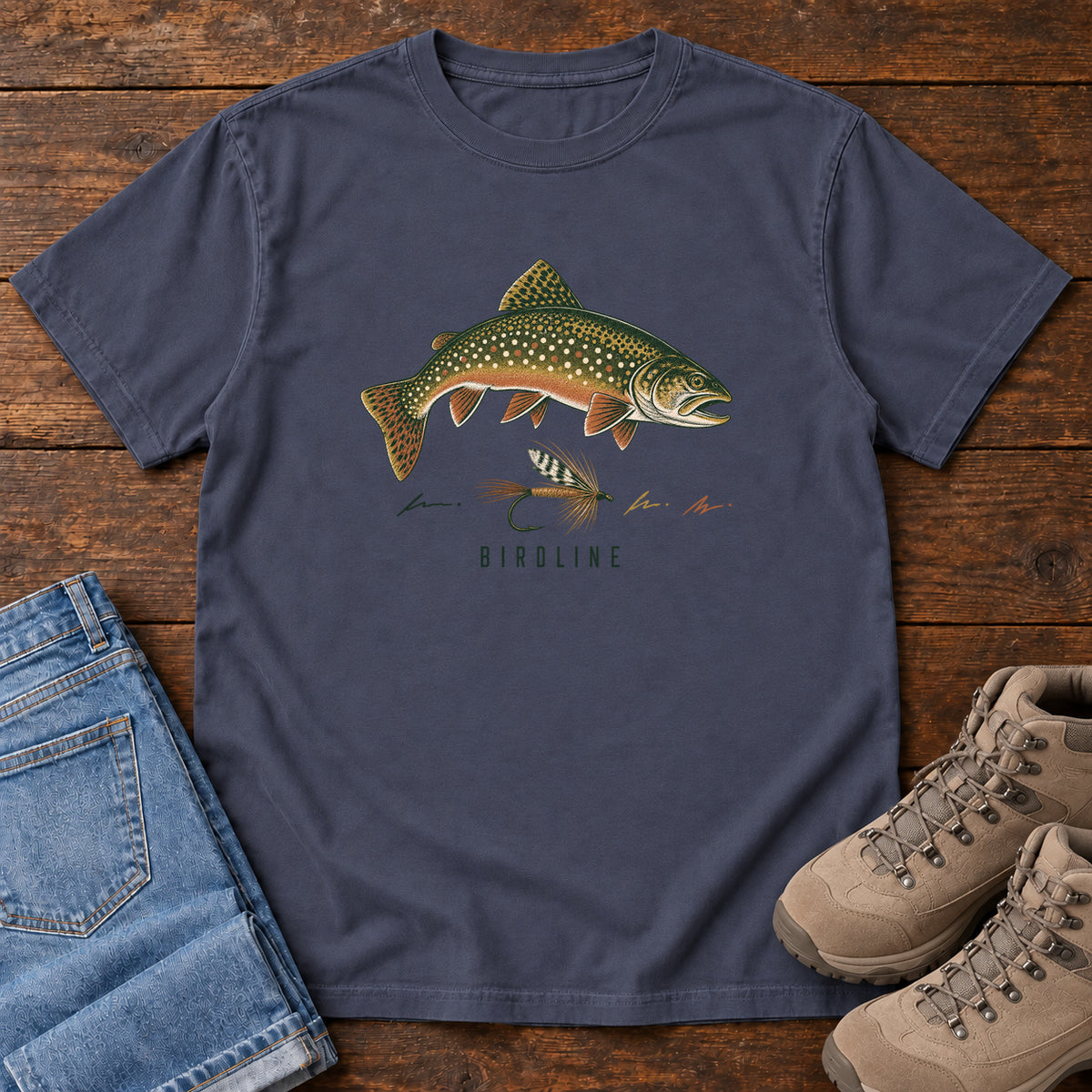 Trout and Fly T-Shirt in Navy, front view